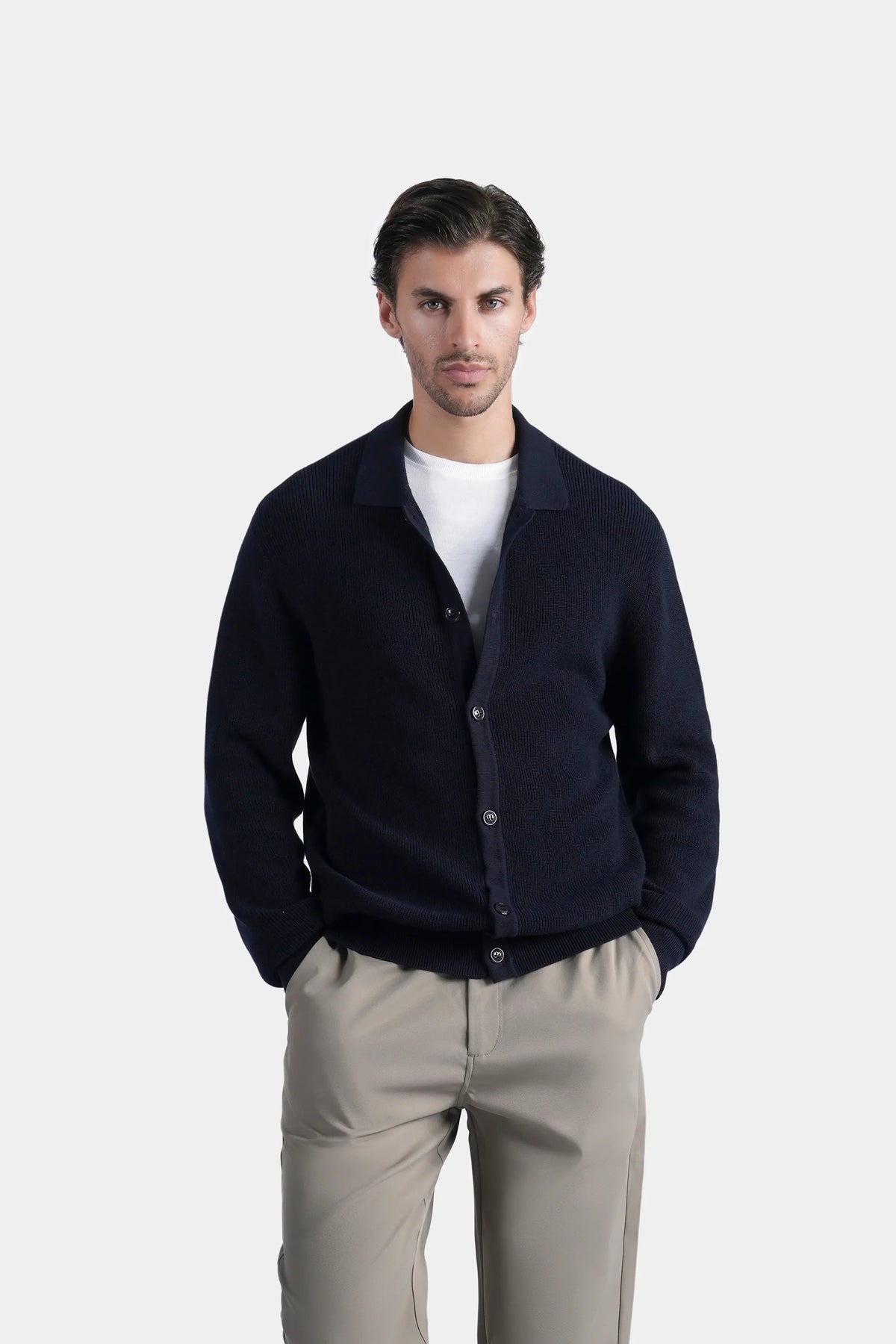 Smart Fit navy long sleeve knitted cardigan, button-front, banded collar