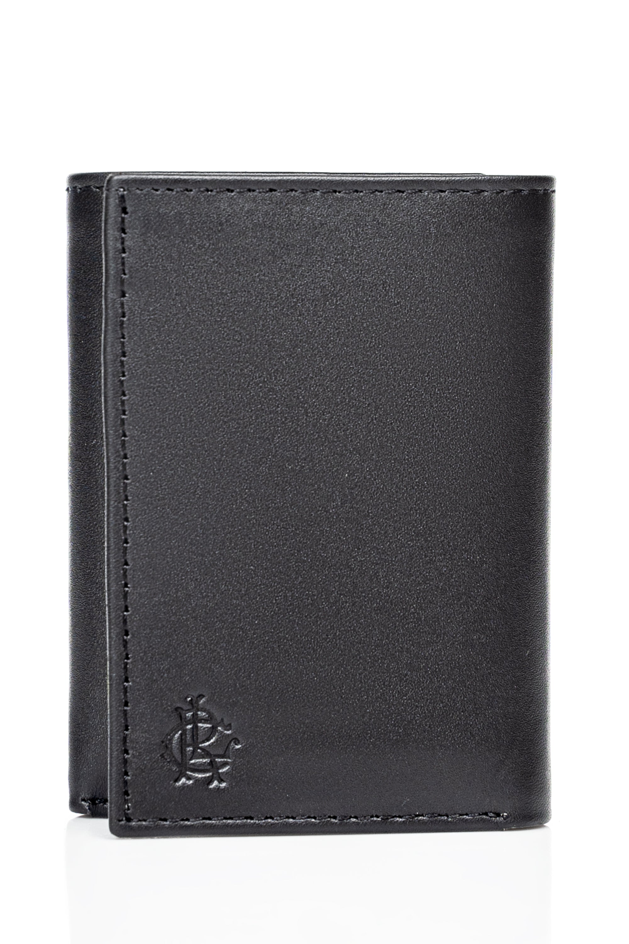 Black leather wallet with front logo stamp, stitched edges