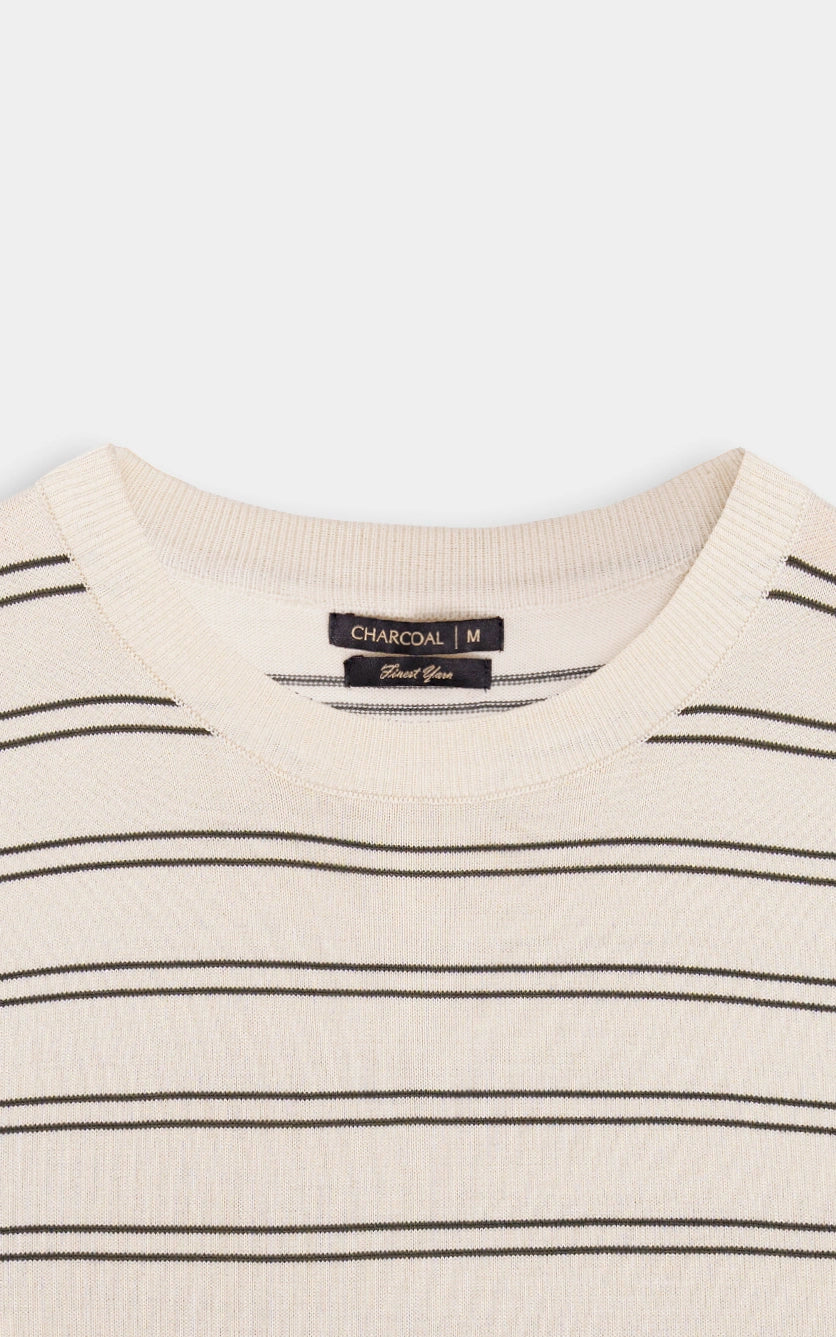 CREW NECK SWEATER KNIT HORIZONTAL STRIPED T-SHIRT BEIGE