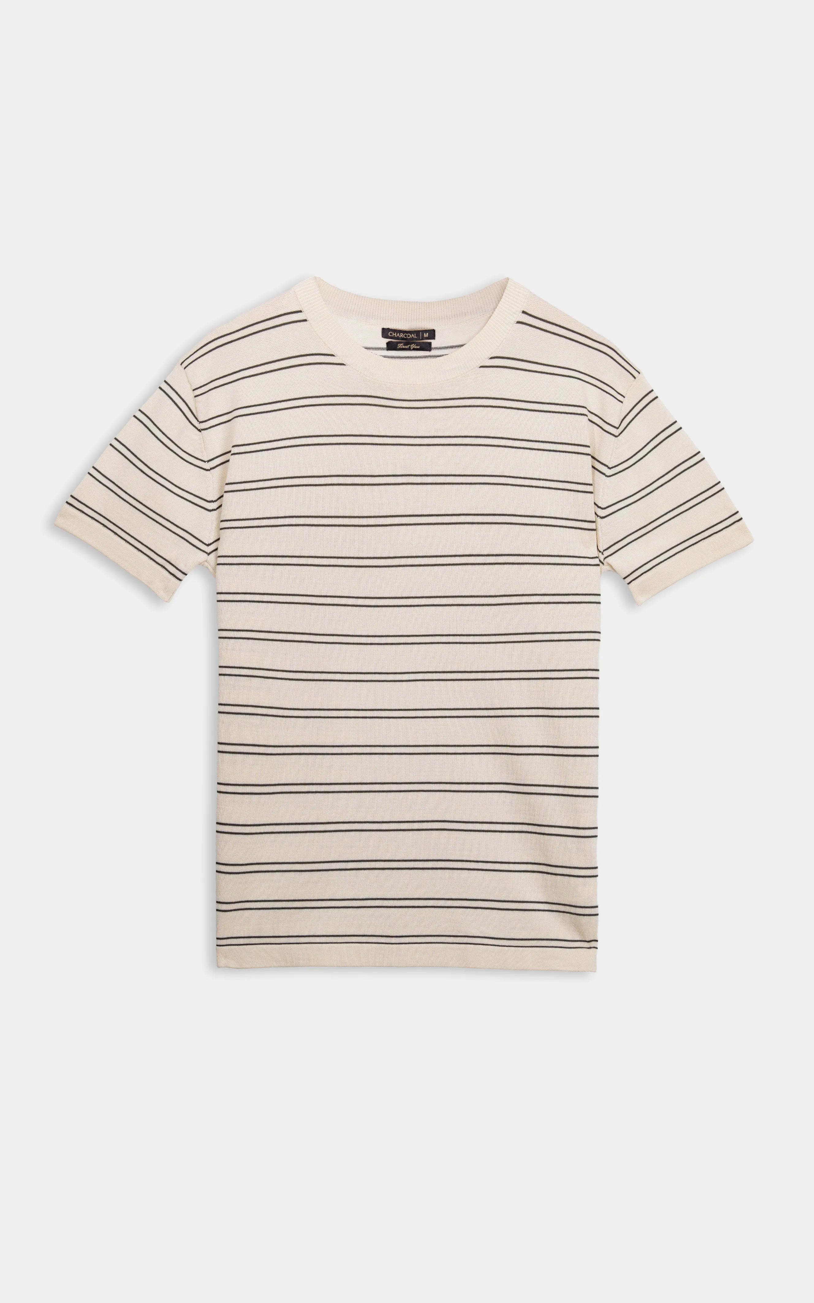 CREW NECK SWEATER KNIT HORIZONTAL STRIPED T-SHIRT BEIGE