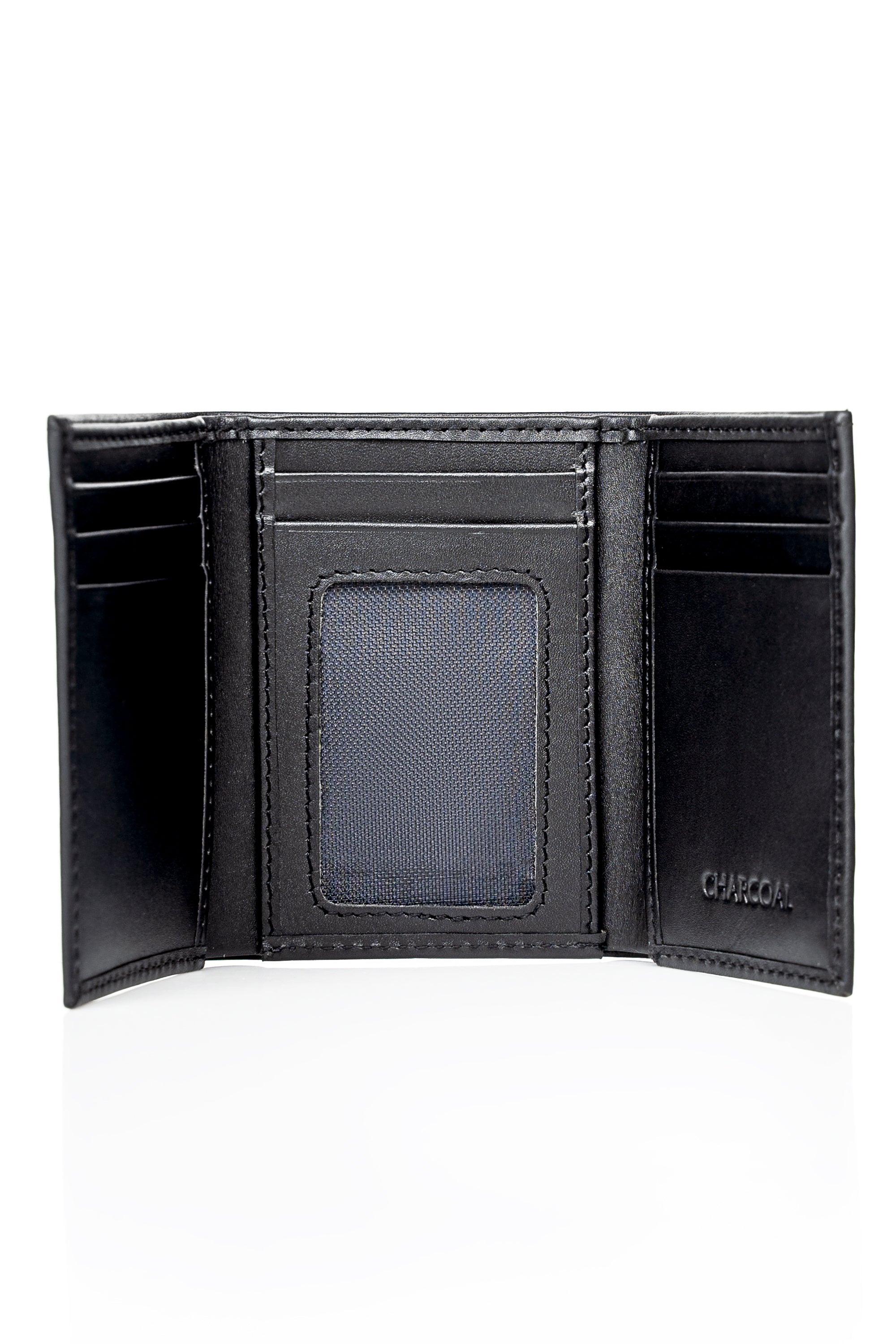 Black leather wallet opened showing card slots and center pocket