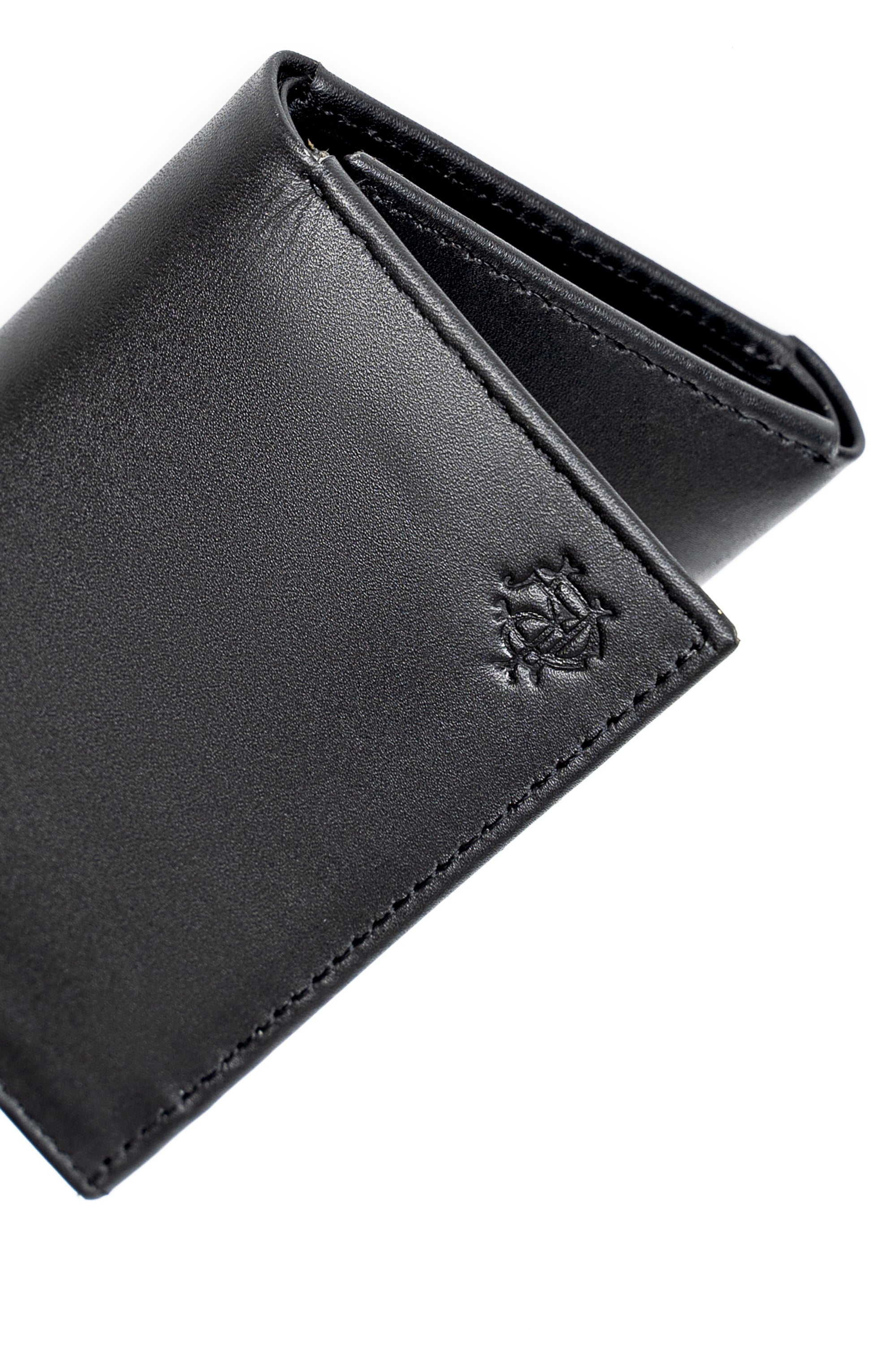 Black leather wallet corner close-up with embossed logo and stitched trim
