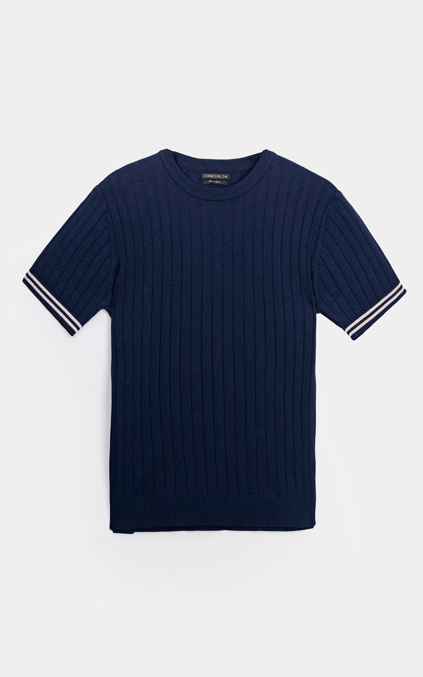 SWEATER KNIT SELF STRIPED CREW NECK T SHIRT NAVY