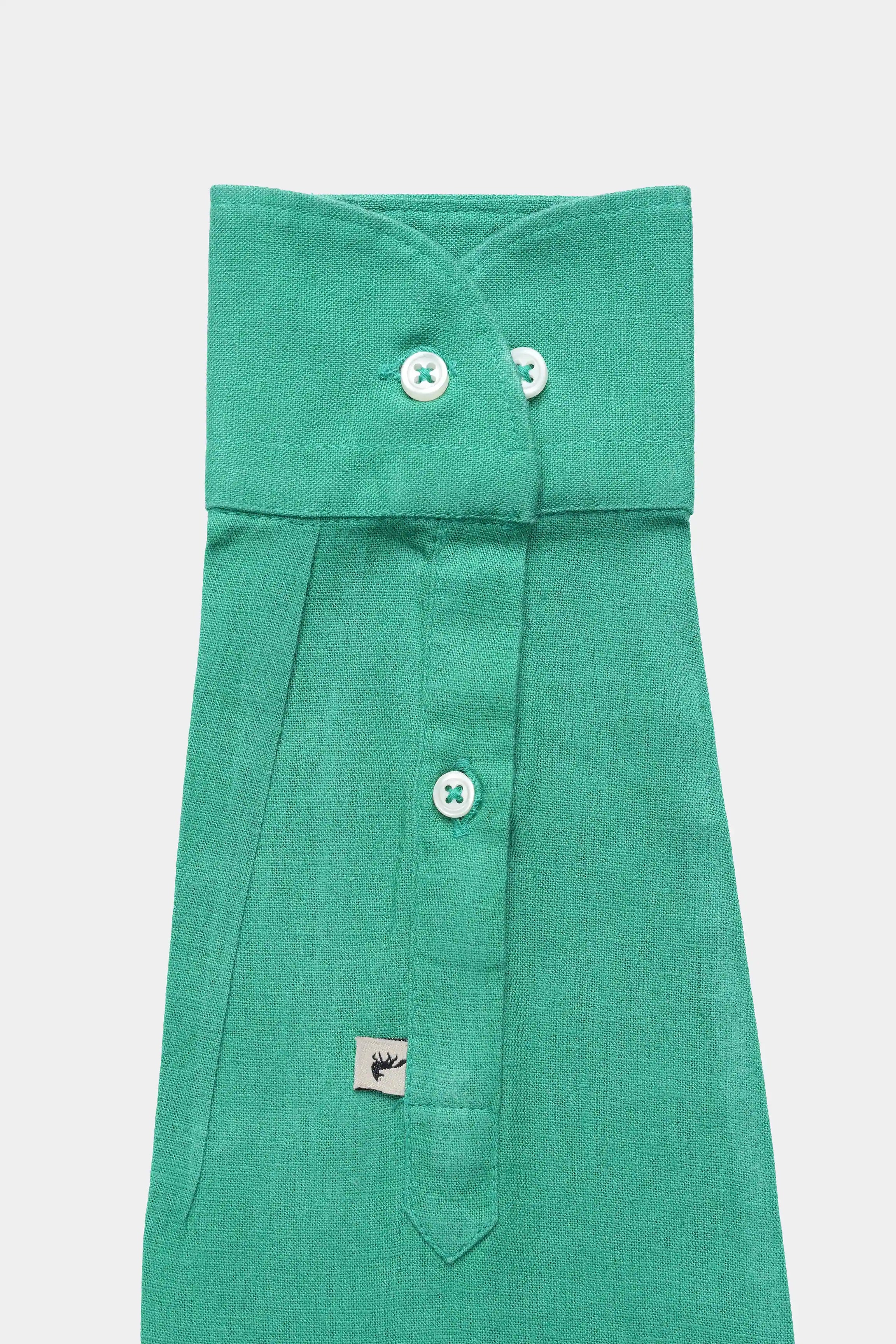 Green linen shirt front with wide spread collar, buttons, and chest pocket