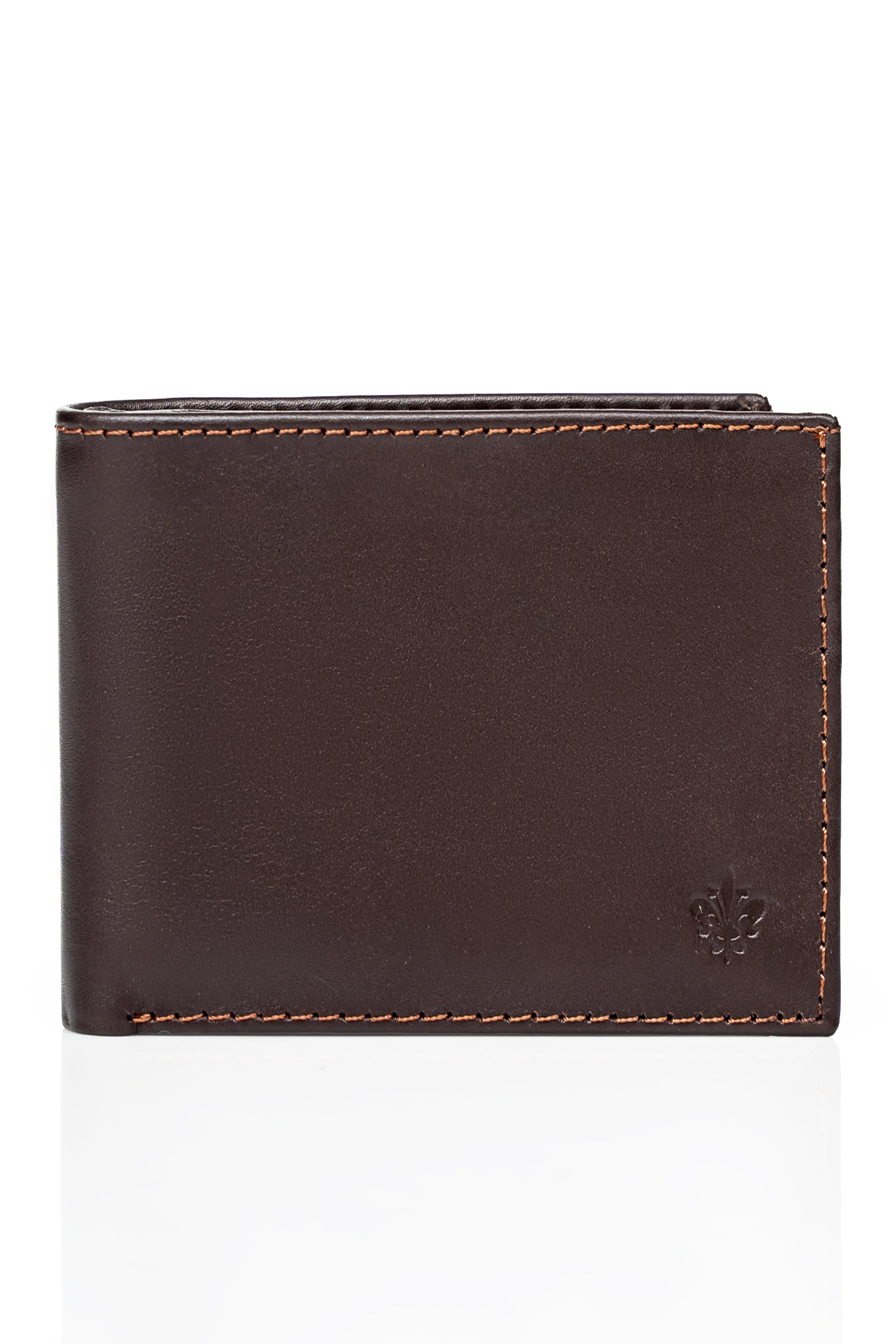 Brown leather wallet with stitched edges and embossed floral emblem