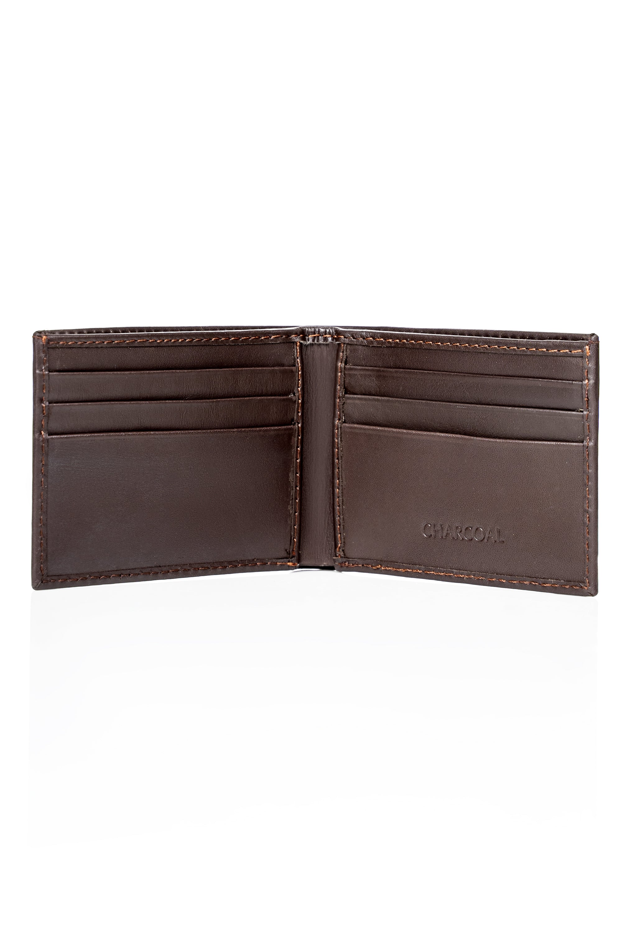 Brown leather wallet interior with multiple card slots and bill compartment