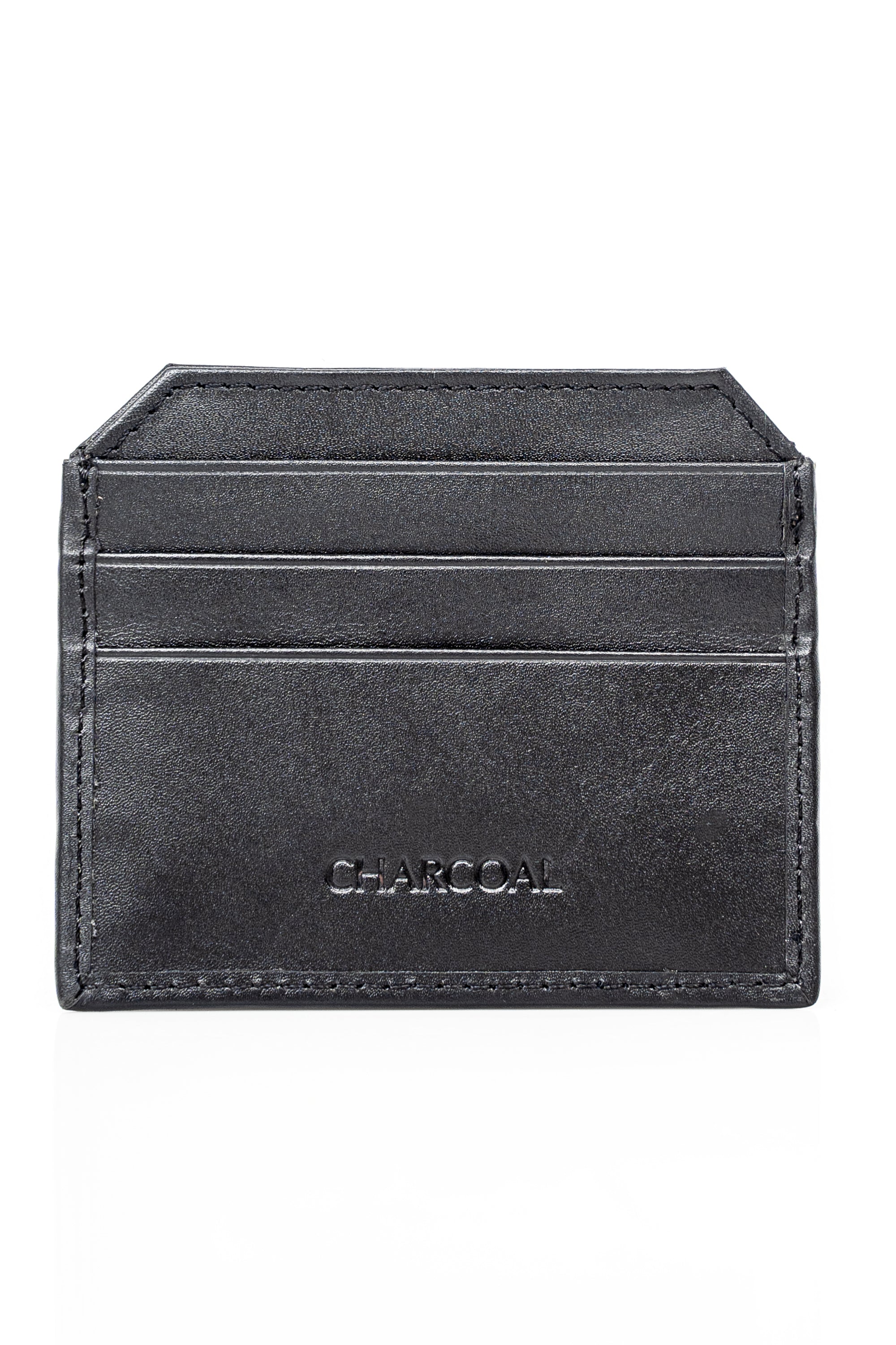 Charcoal leather wallet with top flap and card slots, visible stitching