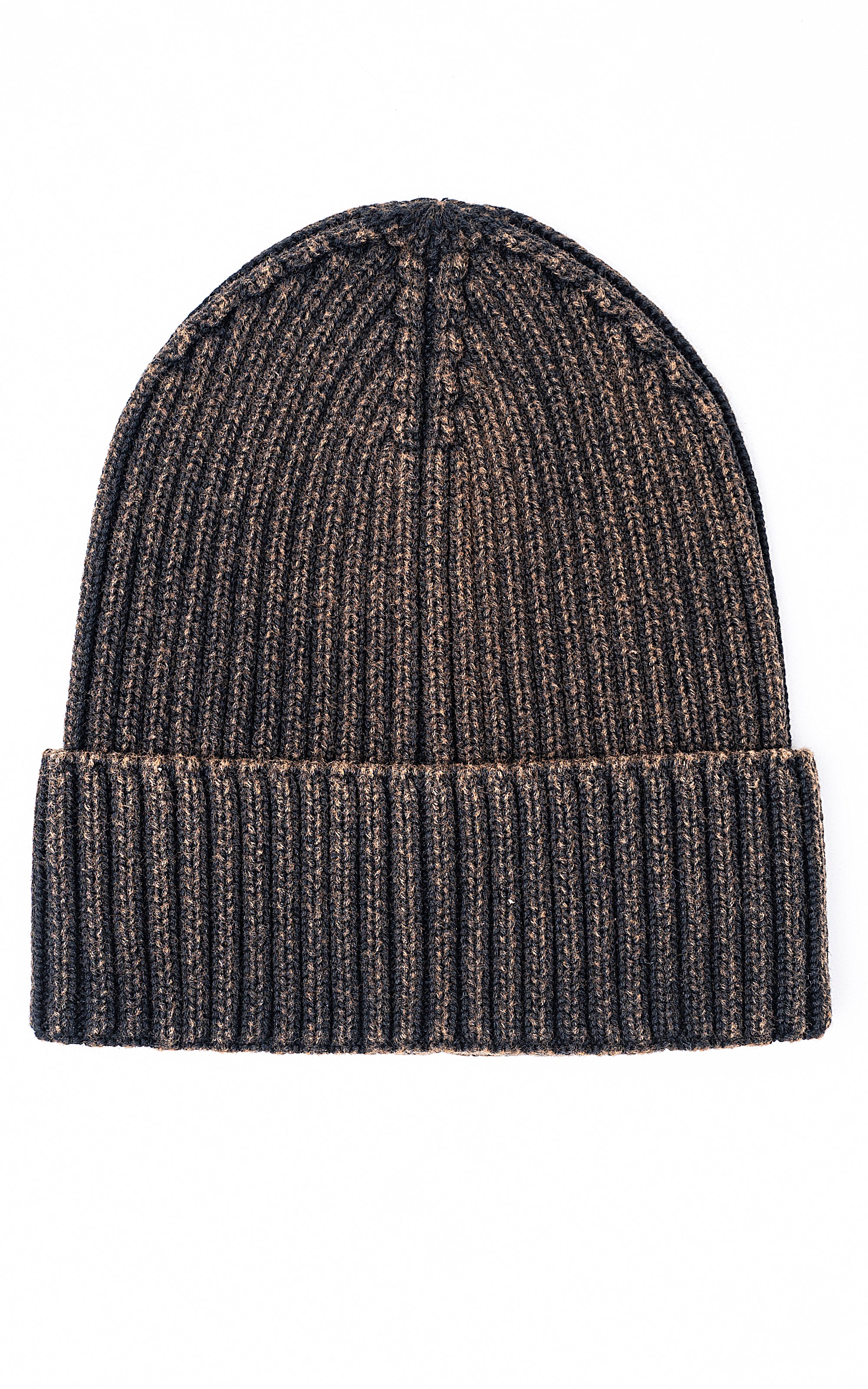 Wool beanie hat in dark rib knit with folded cuff and top seam detail