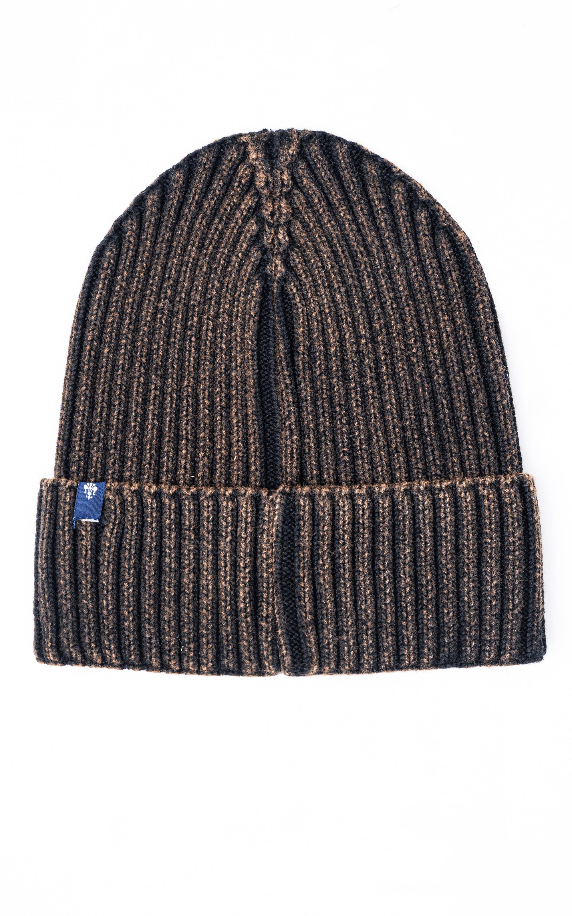 Wool beanie hat with fold-over cuff, dark knit texture, and blue logo patch