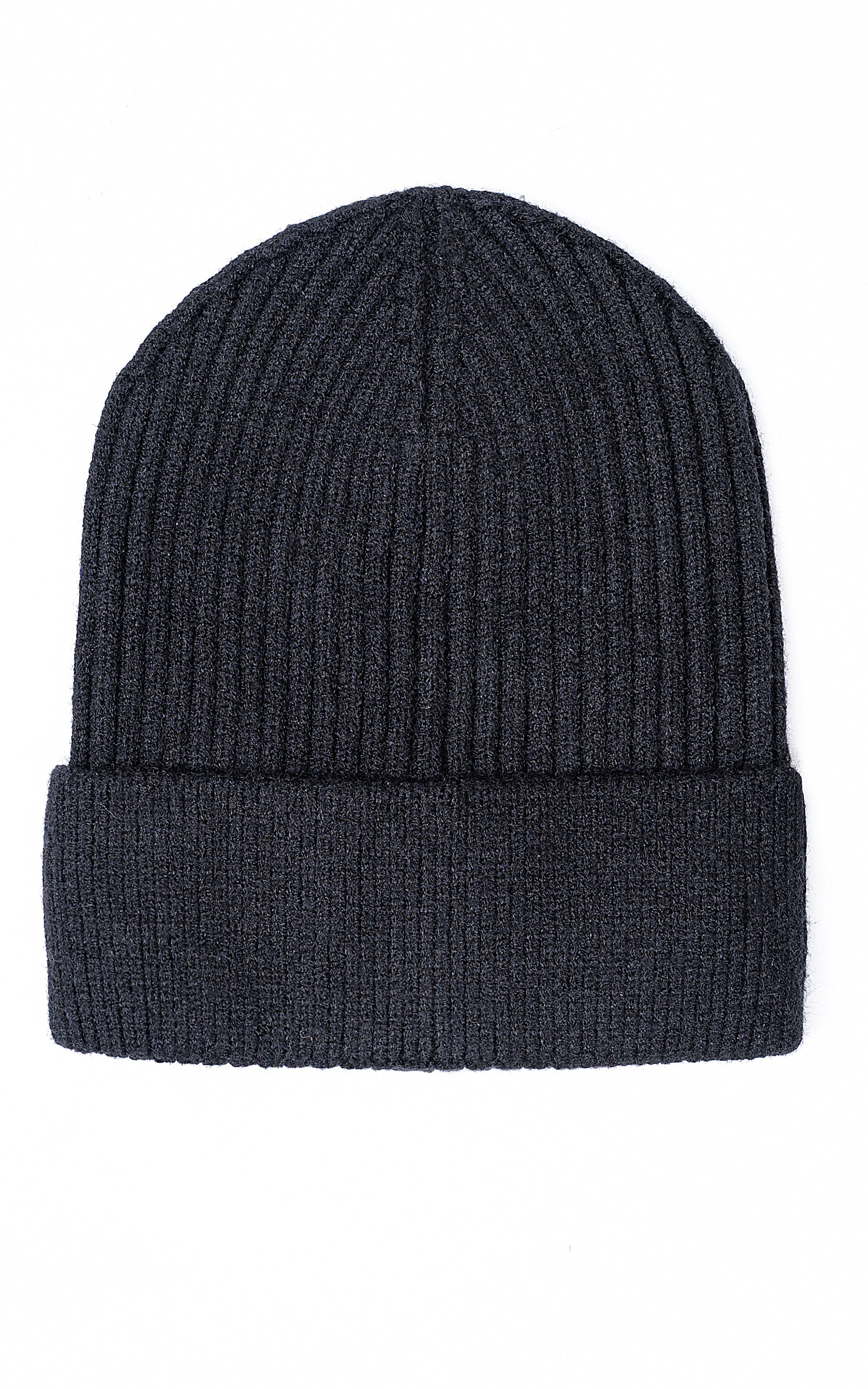 Wool cap in dark knit with ribbed crown and folded cuff