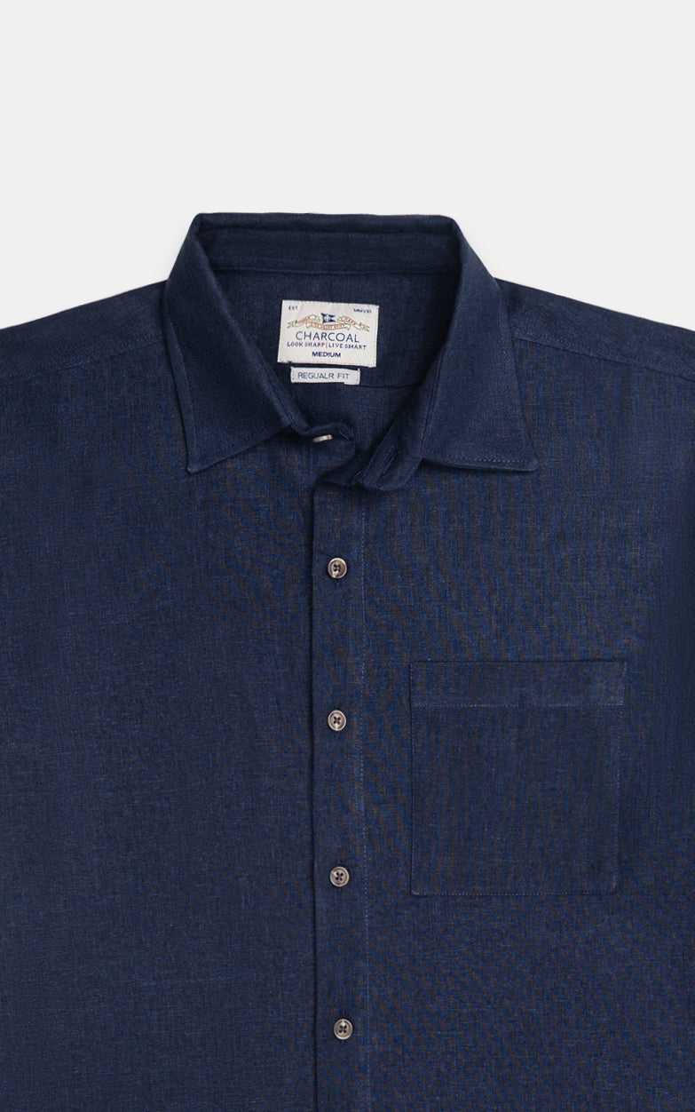 Drop Shoulder Linen Casual Shirt Navy
