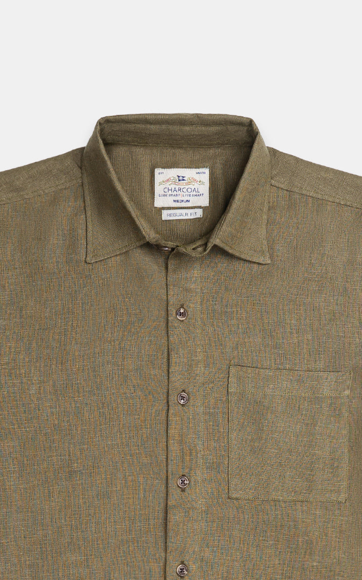 Drop Shoulder Linen Casual Shirt Olive