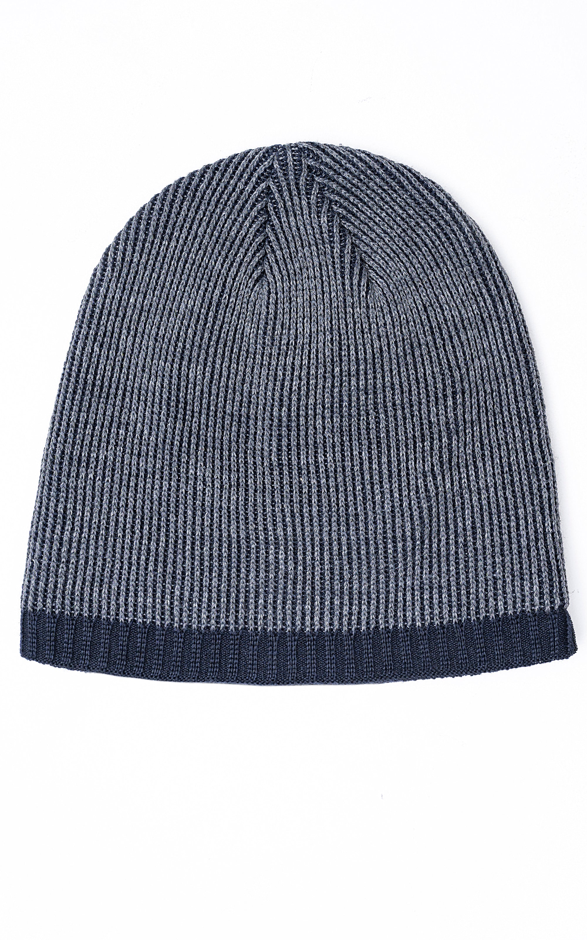 Wool cap knit beanie in dark blue with ribbed cuff and folded knit texture