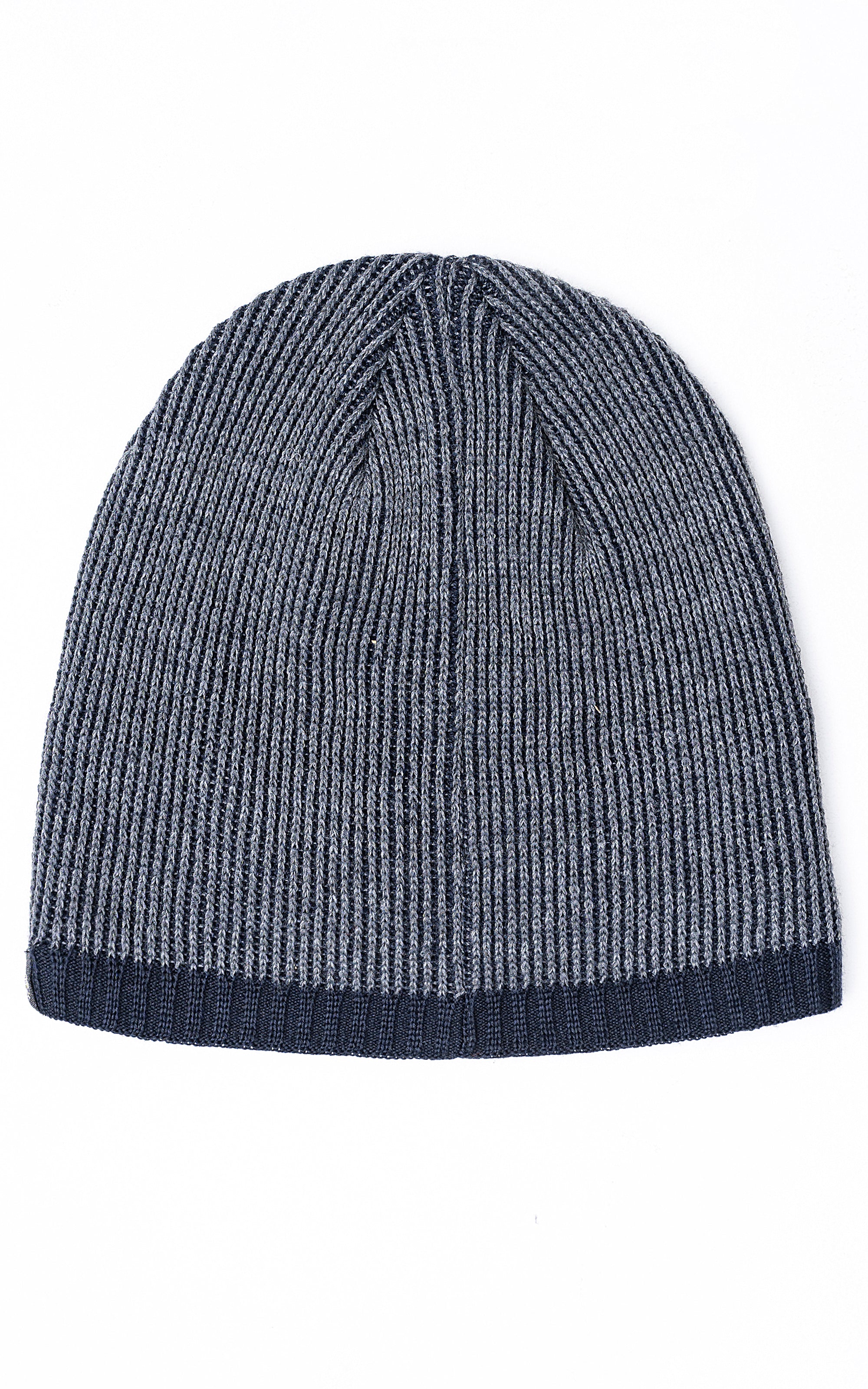 Wool cap knit beanie in dark blue with ribbed cuff and curved crown
