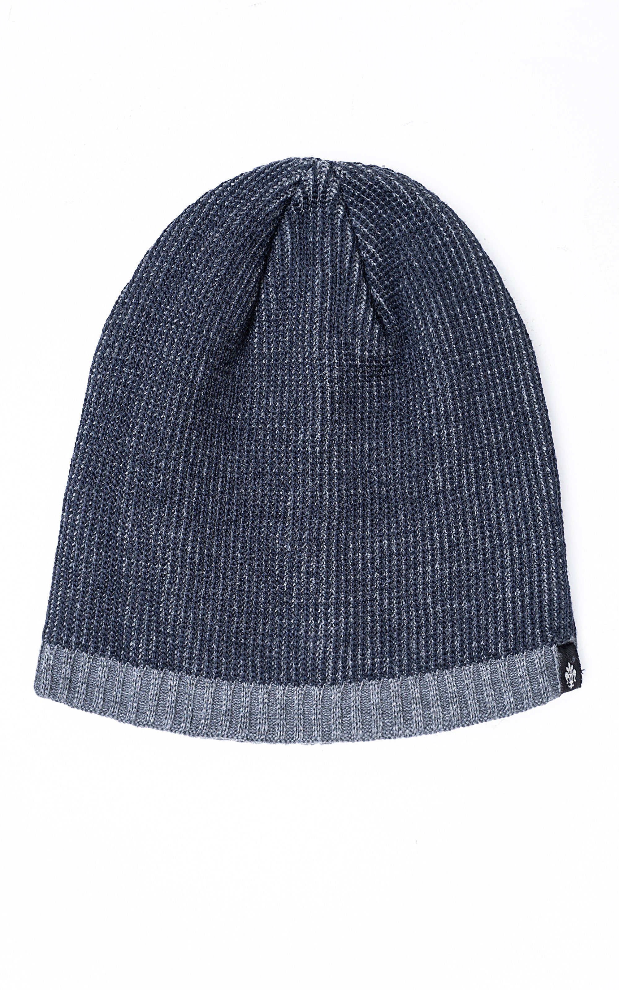 Navy wool knit cap with ribbed cuff and gathered top