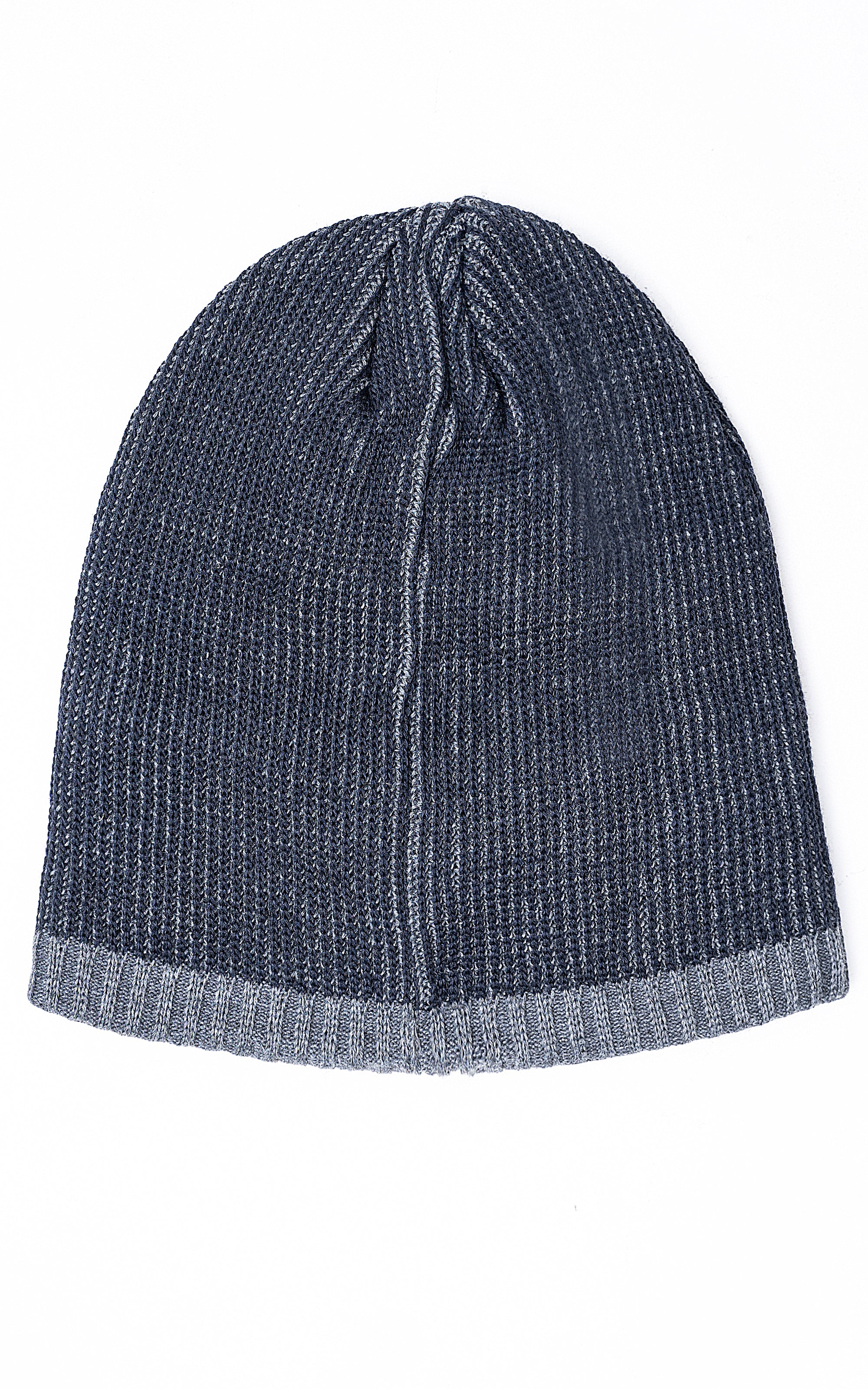 Navy wool knit beanie with ribbed cuff and seam at crown