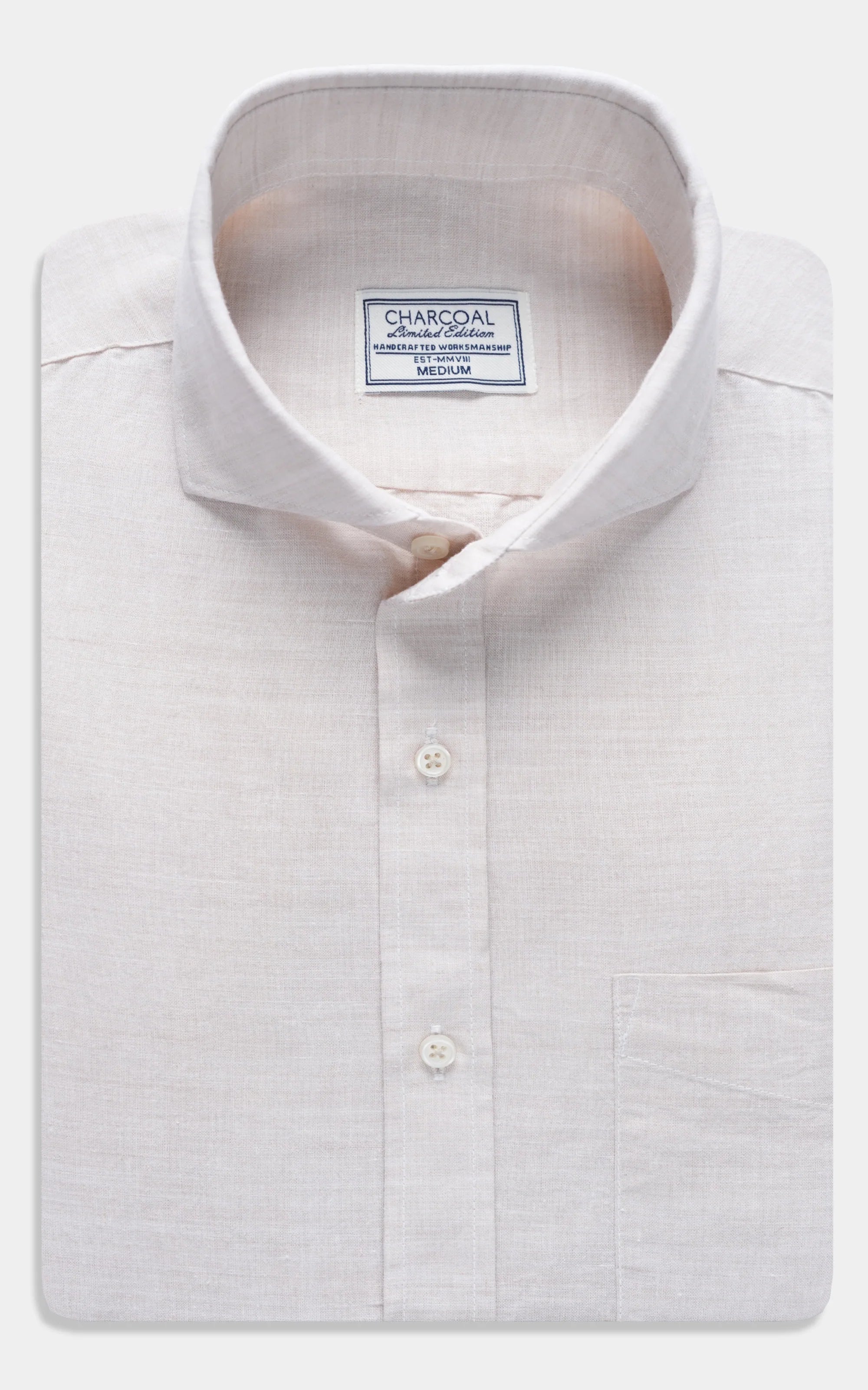 Oatmeal linen wide spread collar shirt, button-front placket, folded chest