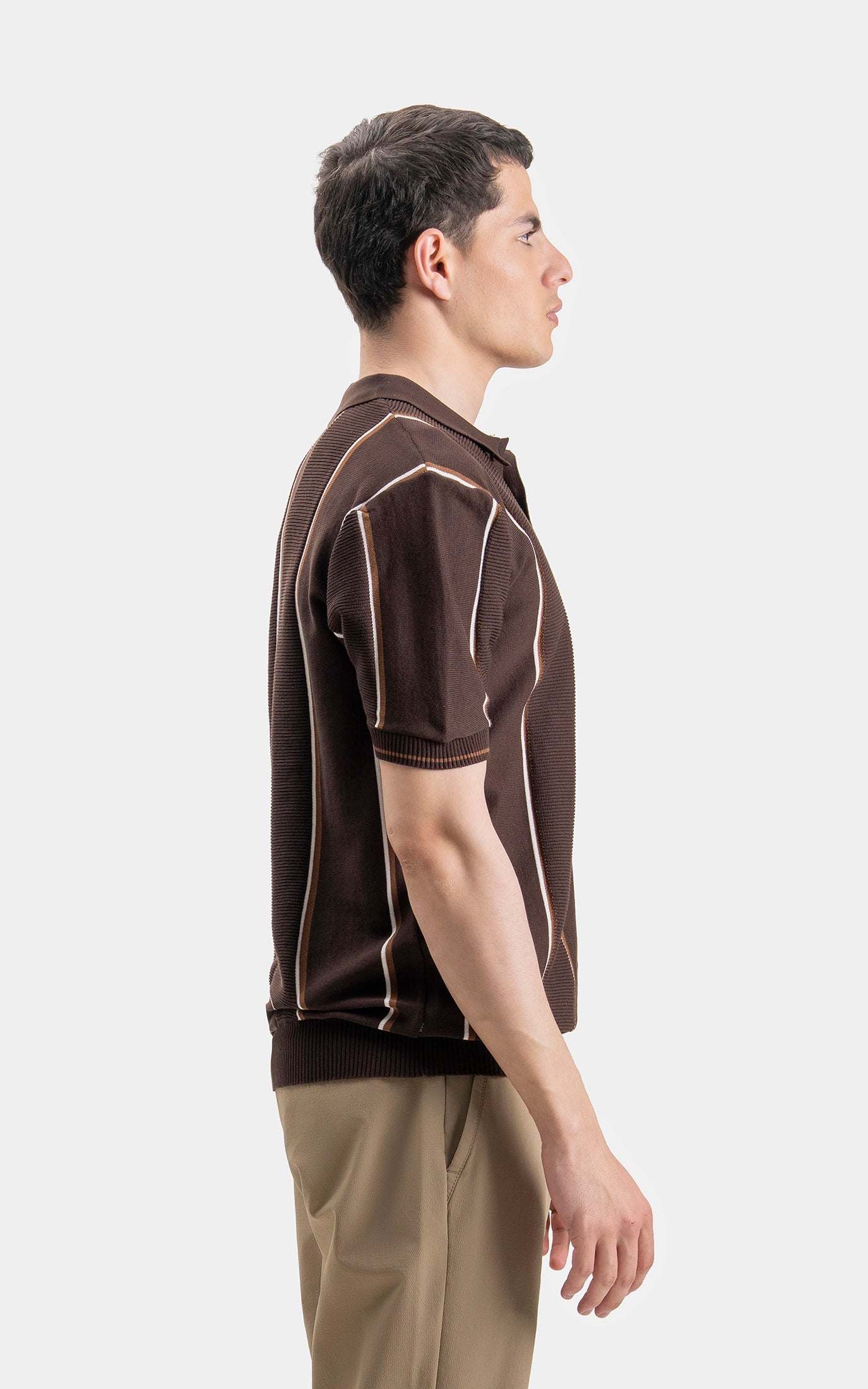 SWEATER KNIT VERTICAL STRIPED POLO SHIRT BROWN