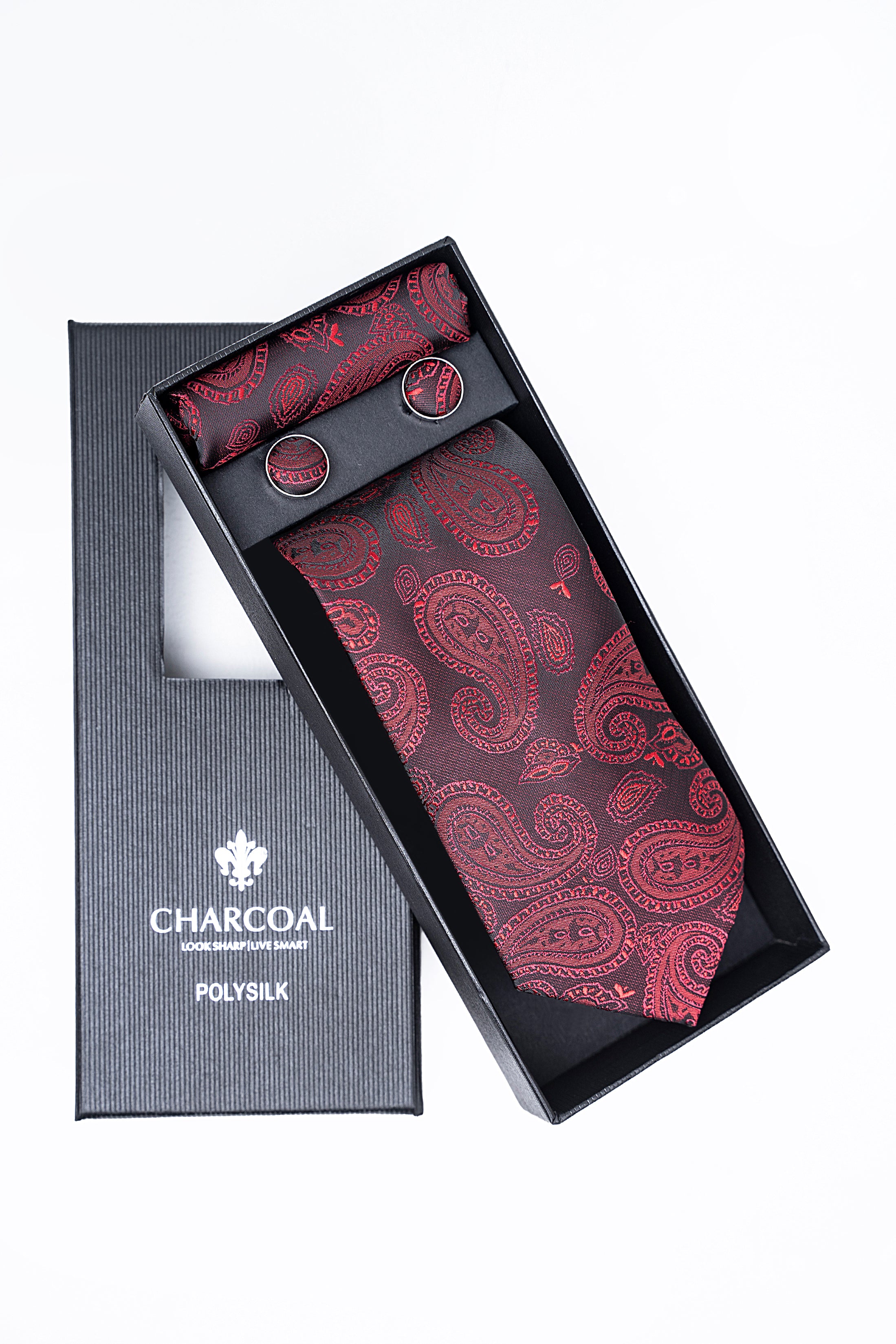 Charcoal box tie set with burgundy patterned tie and pocket square