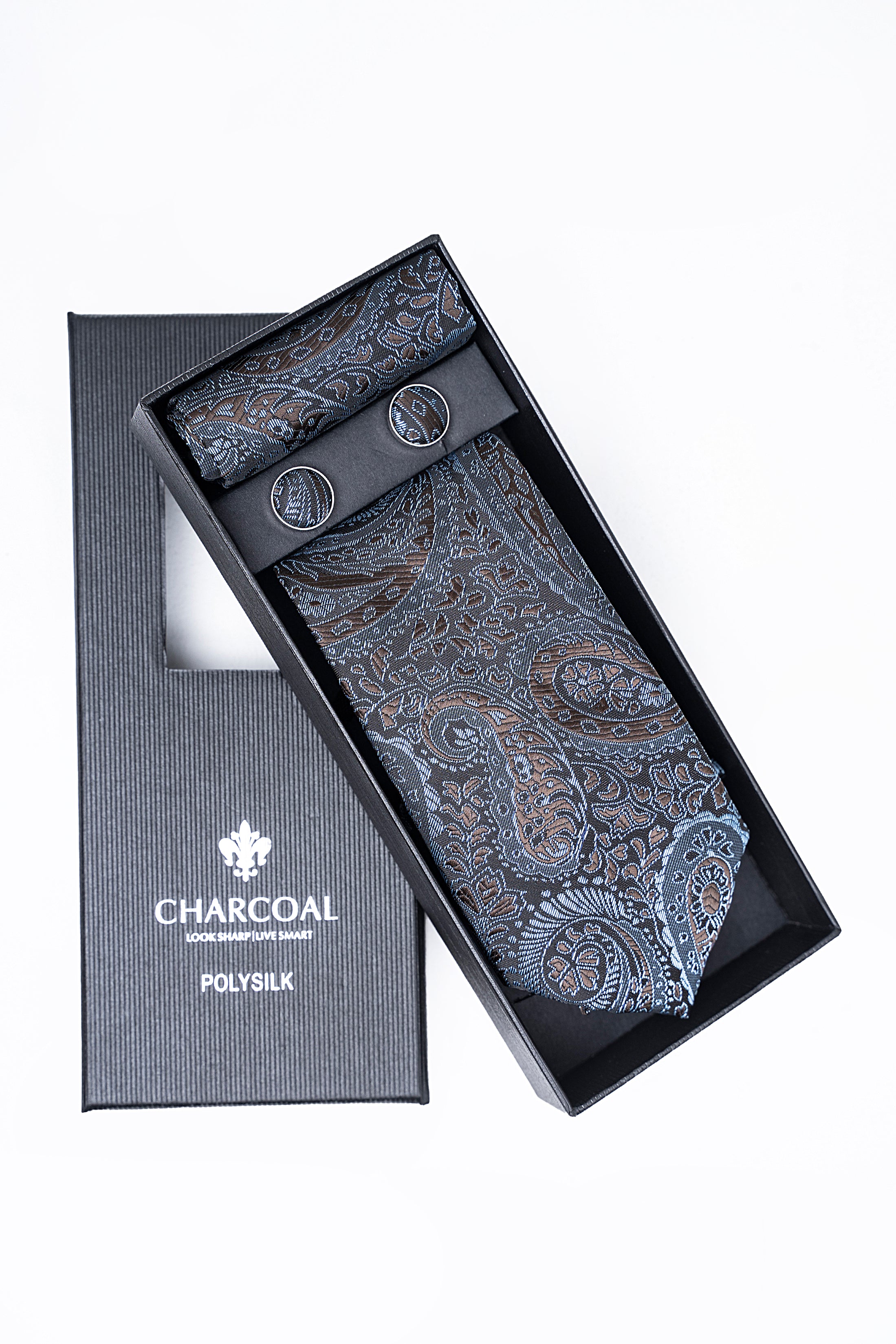 Charcoal tie set in gift box with blue paisley tie, pocket square, and cufflinks