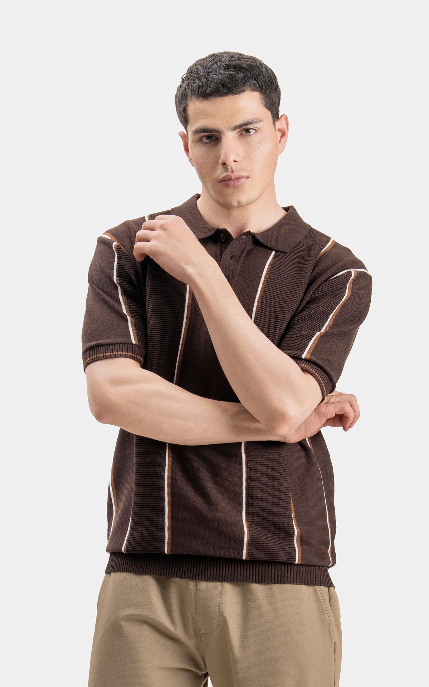 SWEATER KNIT VERTICAL STRIPED POLO SHIRT BROWN