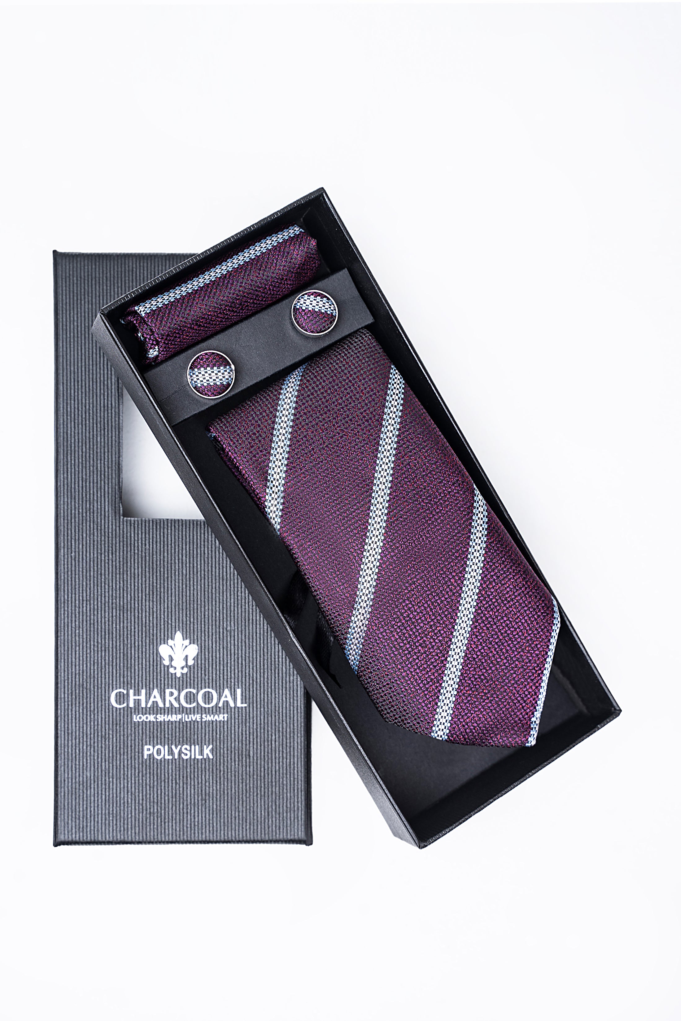 Necktie set in gift box: purple striped tie, pocket square, cufflinks