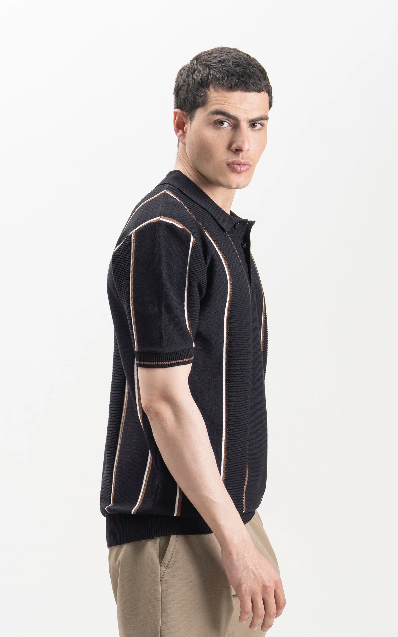 SWEATER KNIT VERTICAL STRIPED POLO SHIRT BLACK