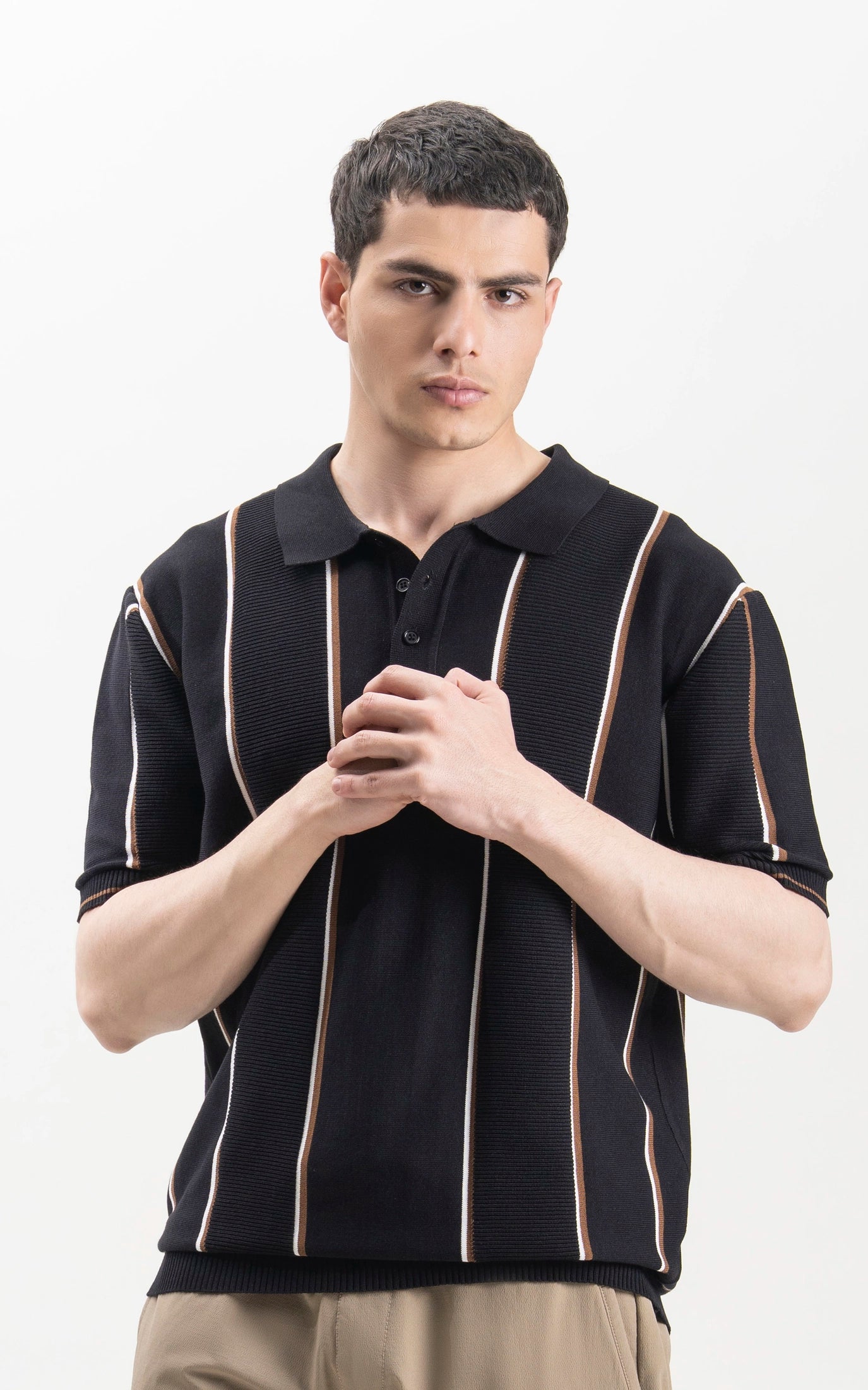 SWEATER KNIT VERTICAL STRIPED POLO SHIRT BLACK