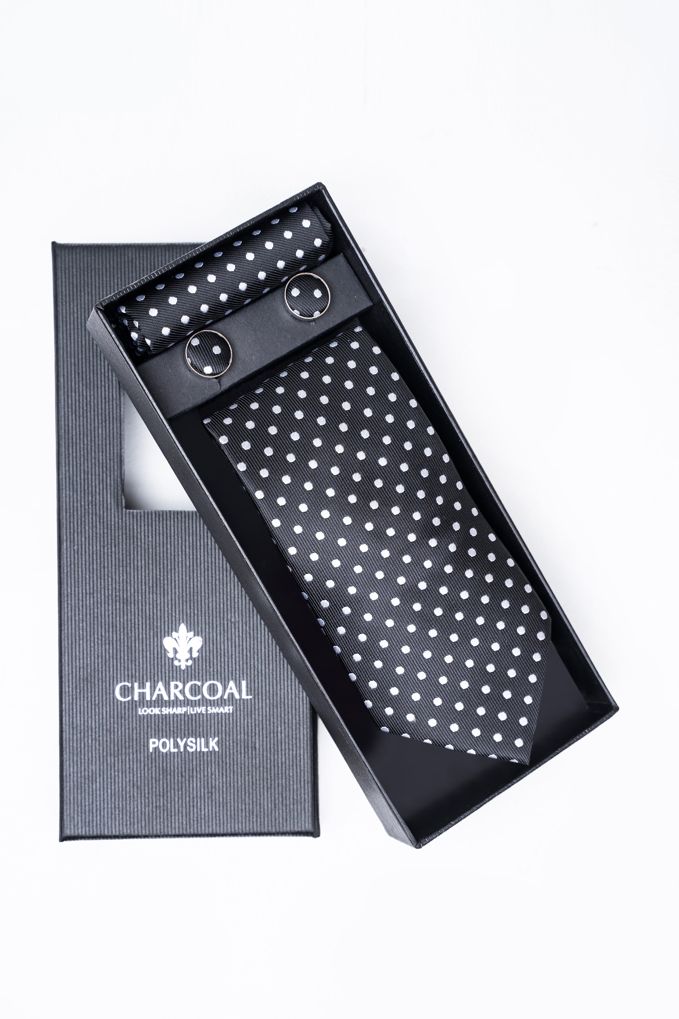 Boxed charcoal tie set with polka-dot necktie, pocket square, and cufflinks
