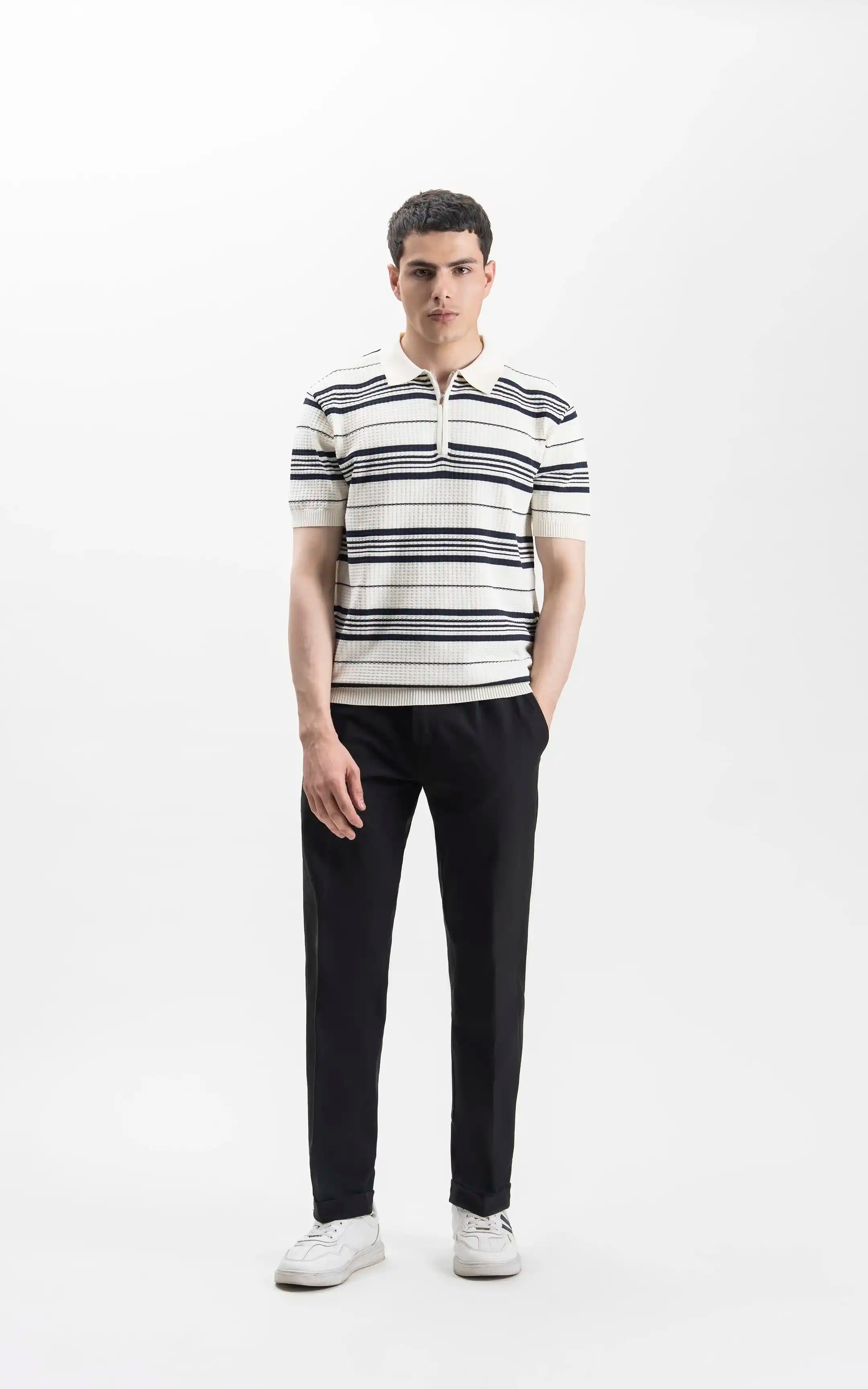 SWEATER KNIT HORIZONTAL STRIPED POLO SHIRT OFF WHITE