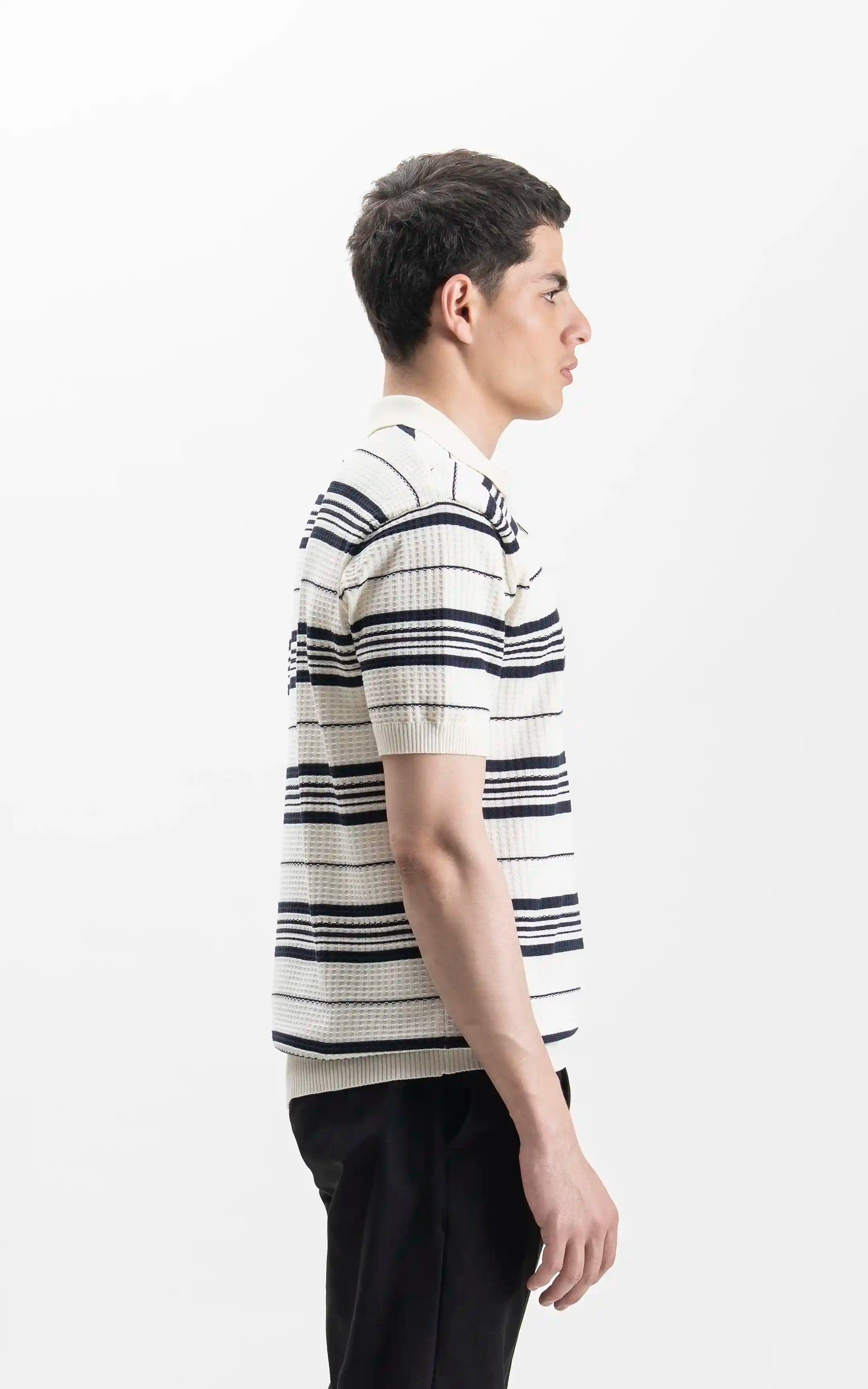 SWEATER KNIT HORIZONTAL STRIPED POLO SHIRT OFF WHITE