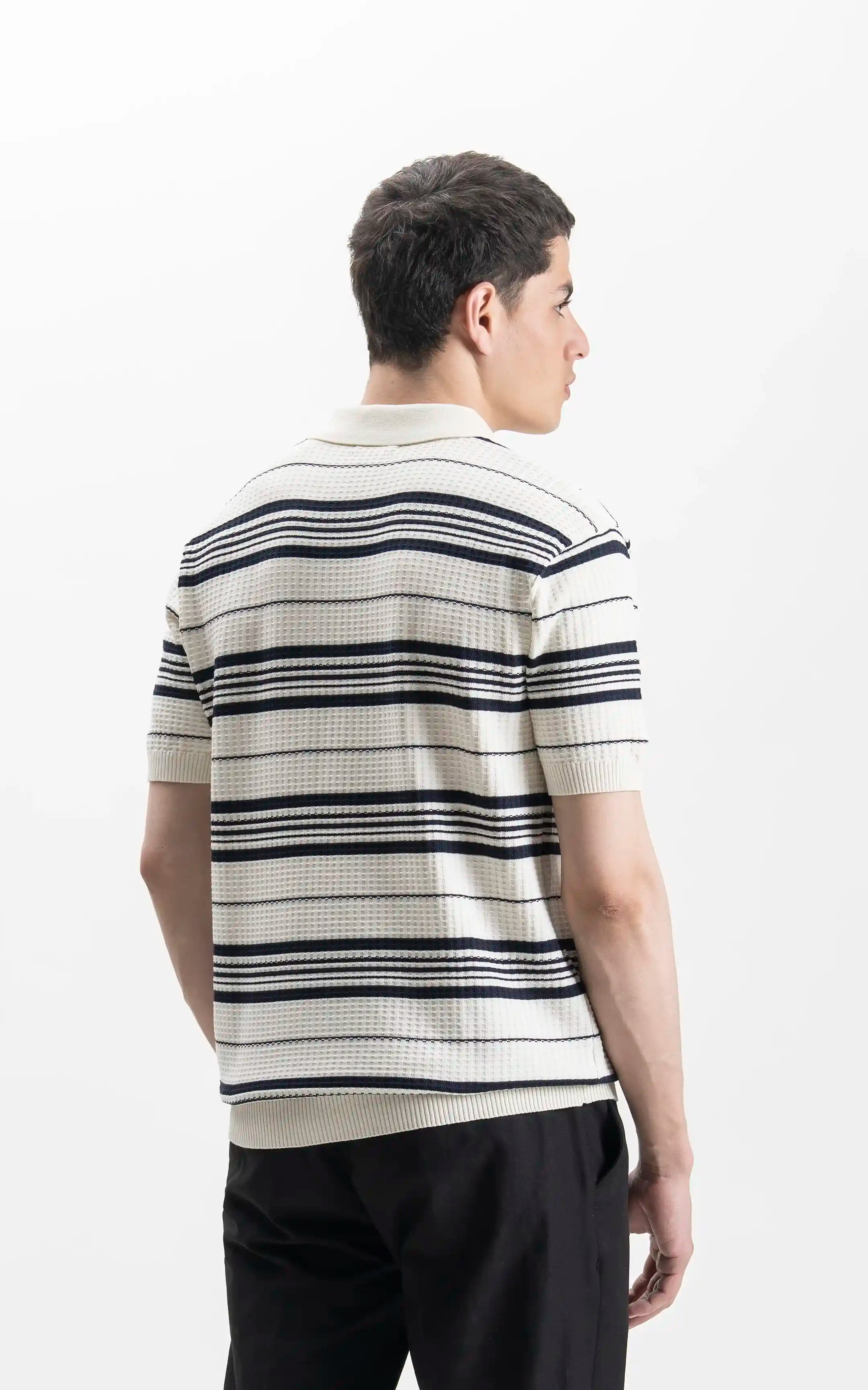 SWEATER KNIT HORIZONTAL STRIPED POLO SHIRT OFF WHITE