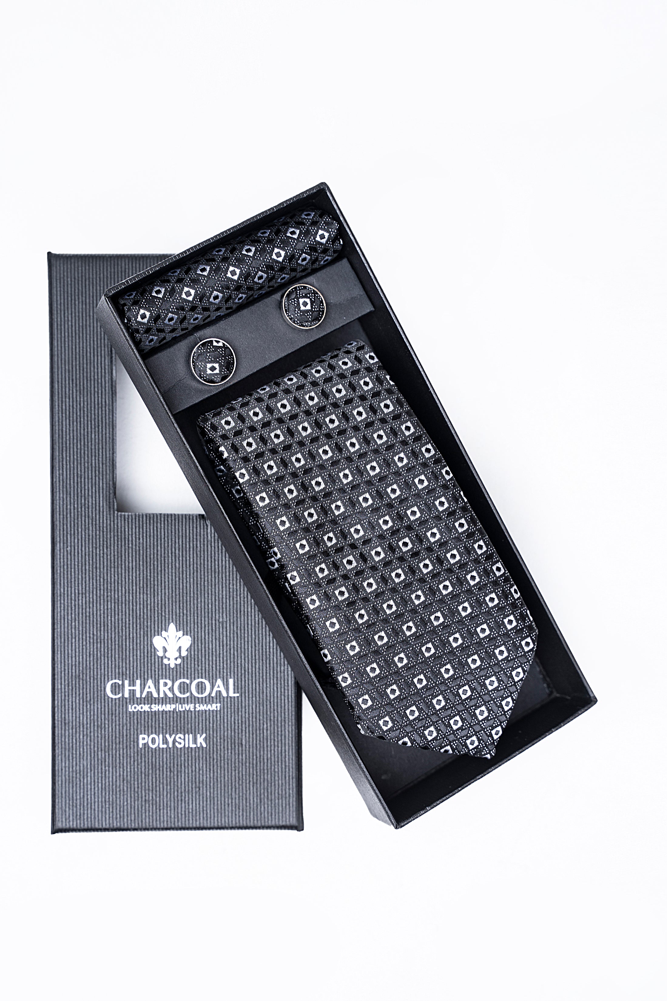 Charcoal box tie set with patterned necktie, pocket square, and cufflinks