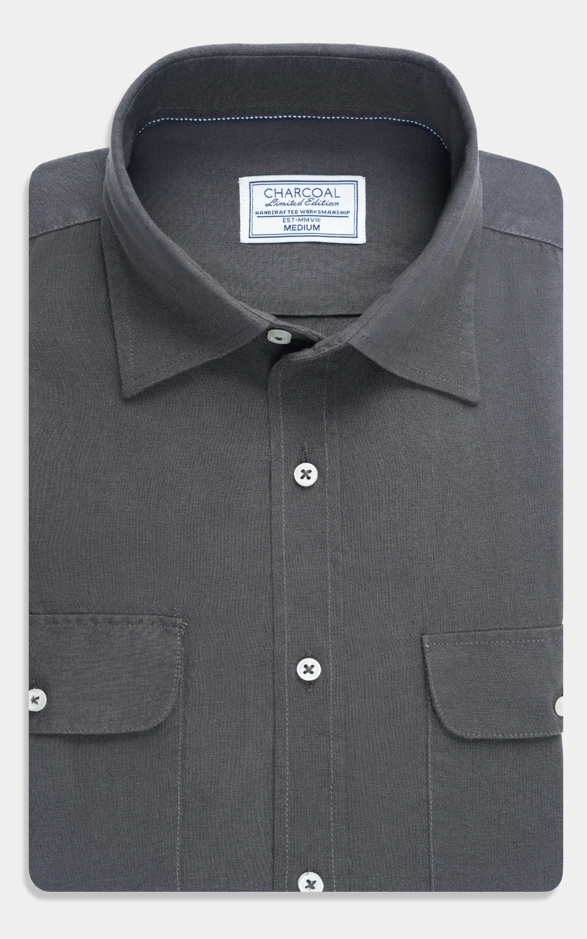 Black linen classic collar shirt with button front and chest flap pockets