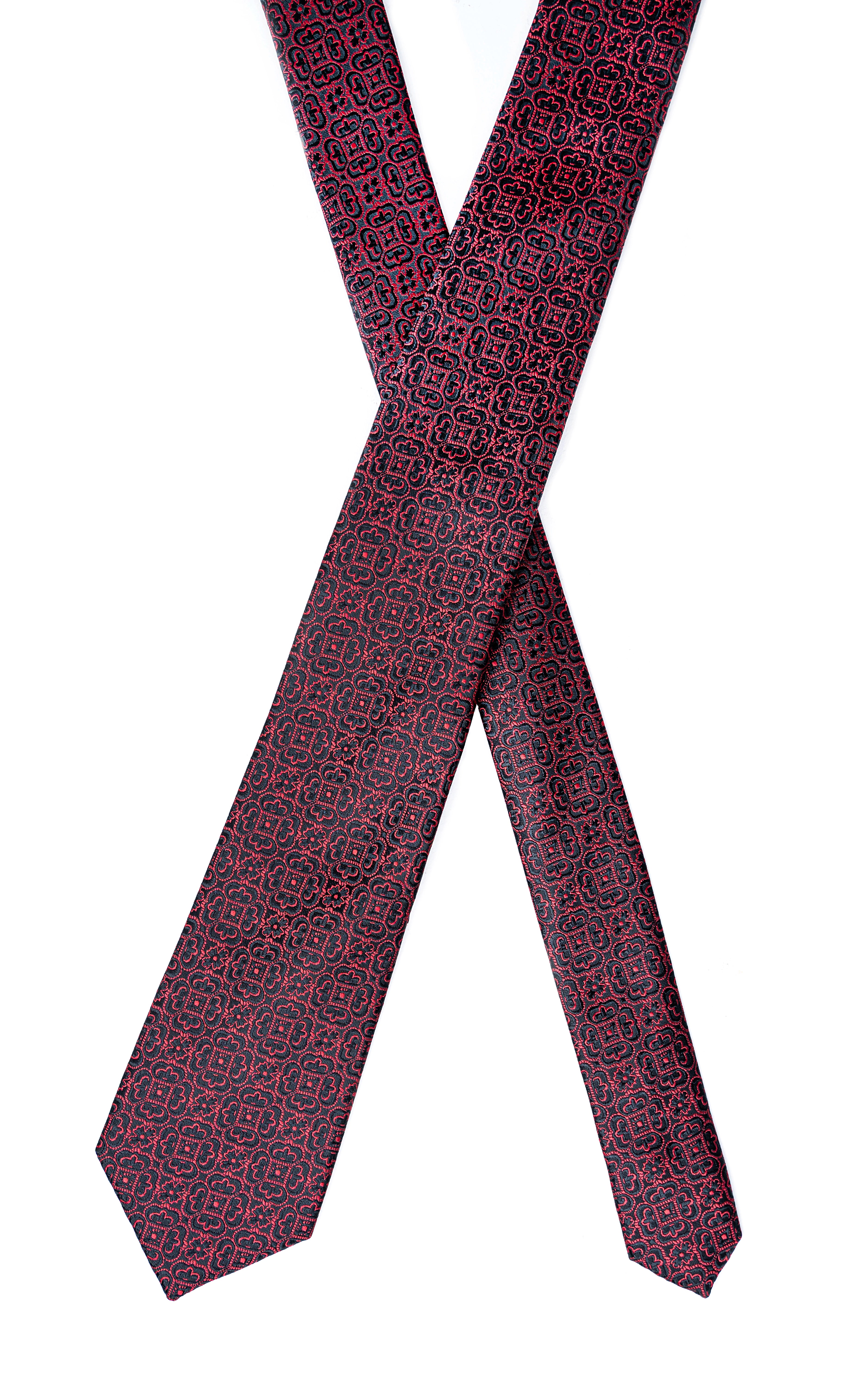 Burgundy poly silk tie shown with two ends and repeating geometric pattern