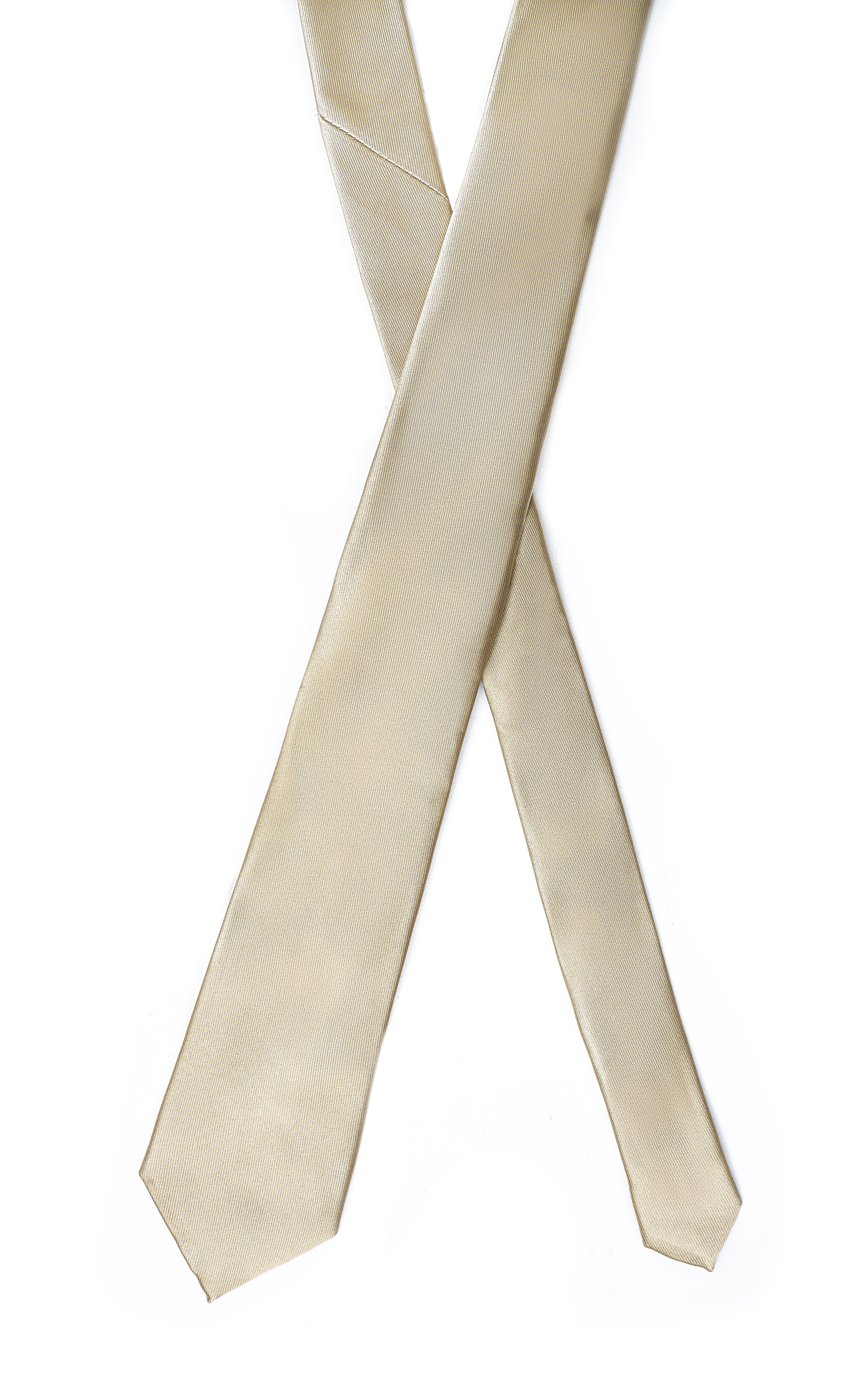 Poly silk tie, light cream necktie with straight drape and pointed tip.