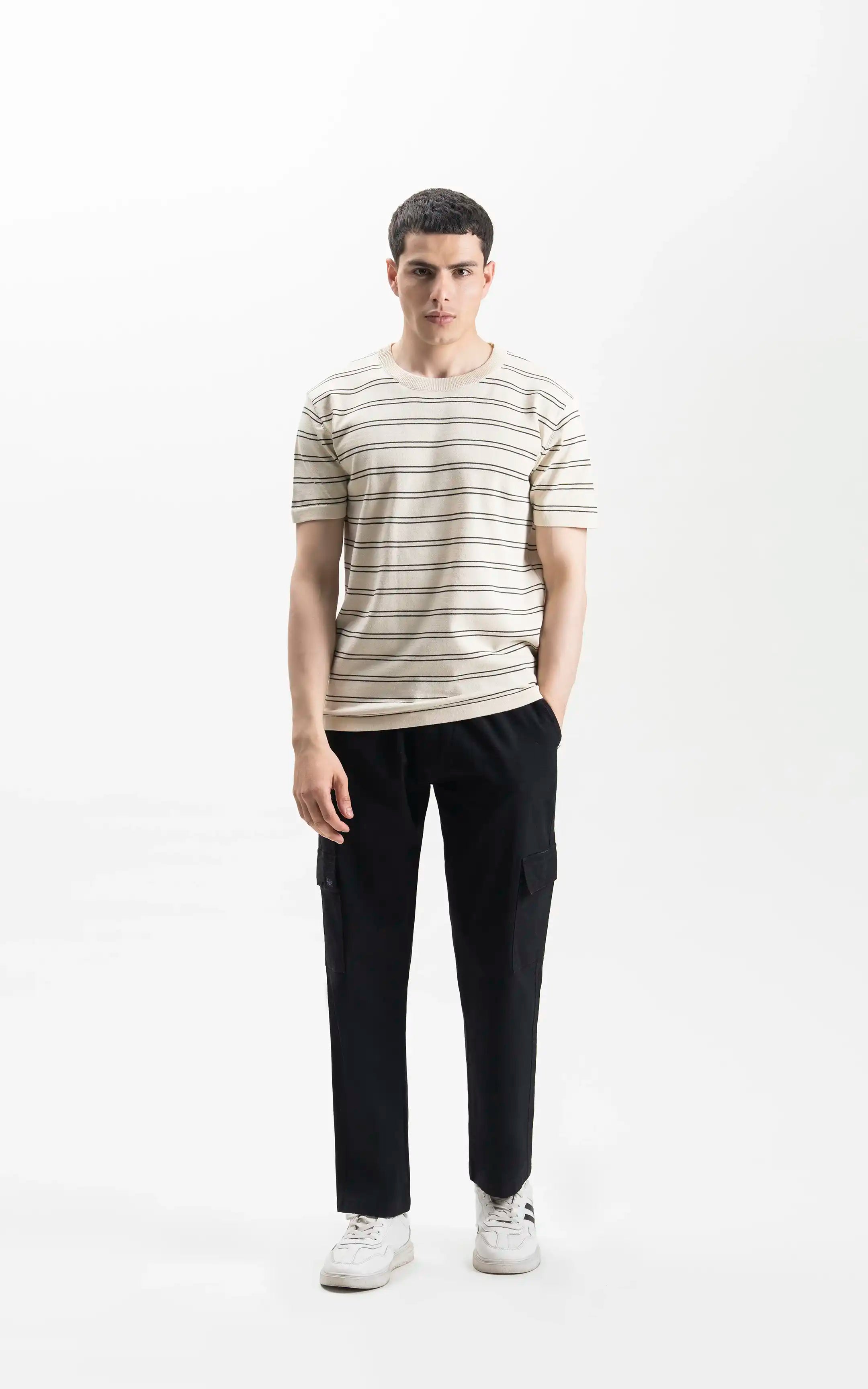 CREW NECK SWEATER KNIT HORIZONTAL STRIPED T-SHIRT BEIGE