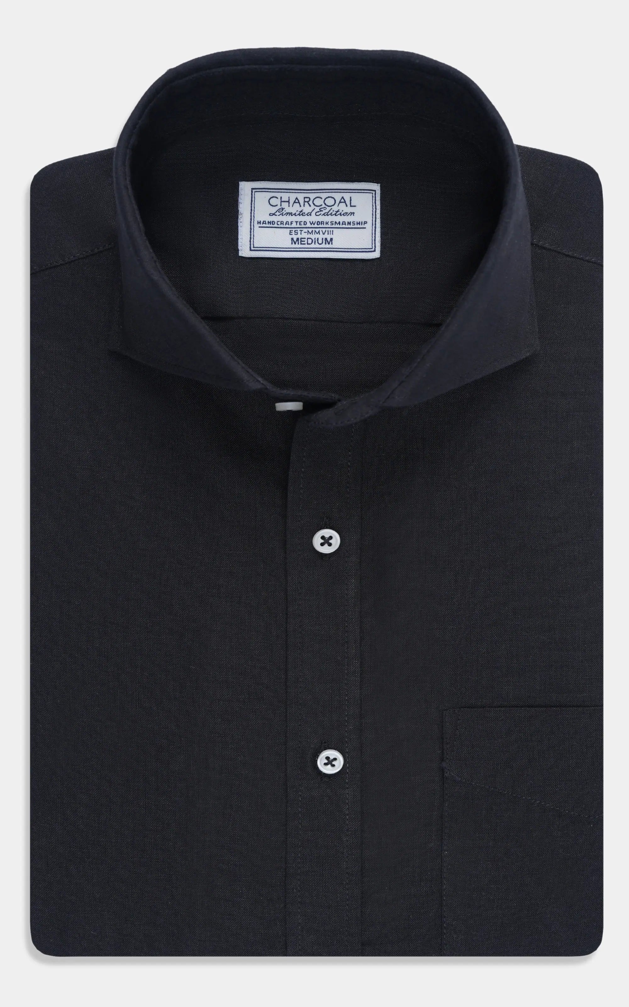 Black linen wide spread collar button-up shirt with chest pocket