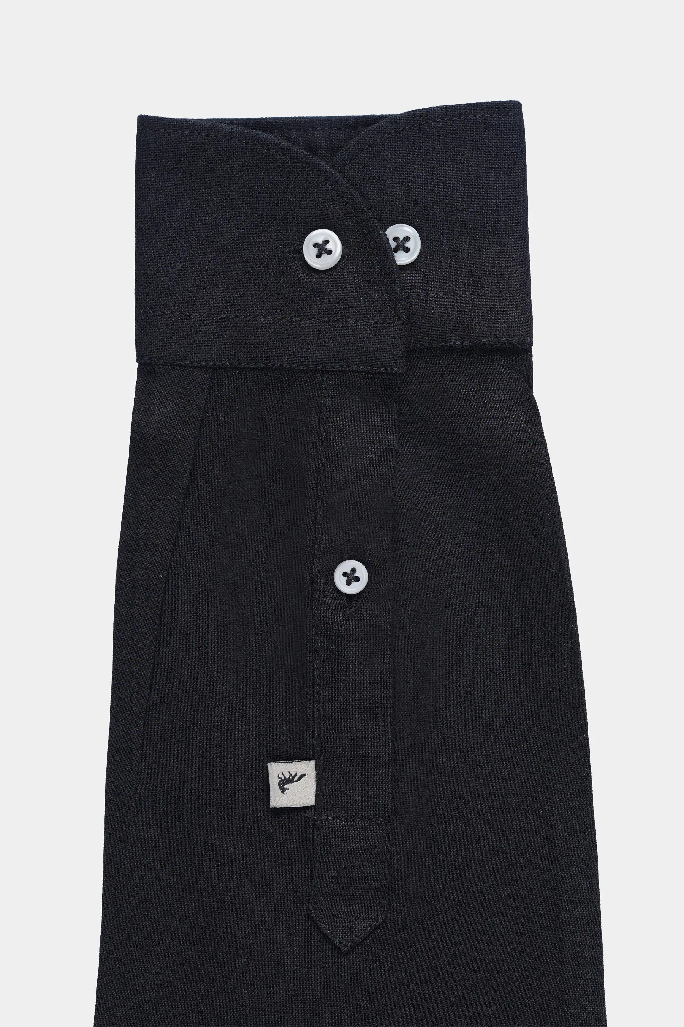 Black linen wide spread collar shirt with dark button front and logo label