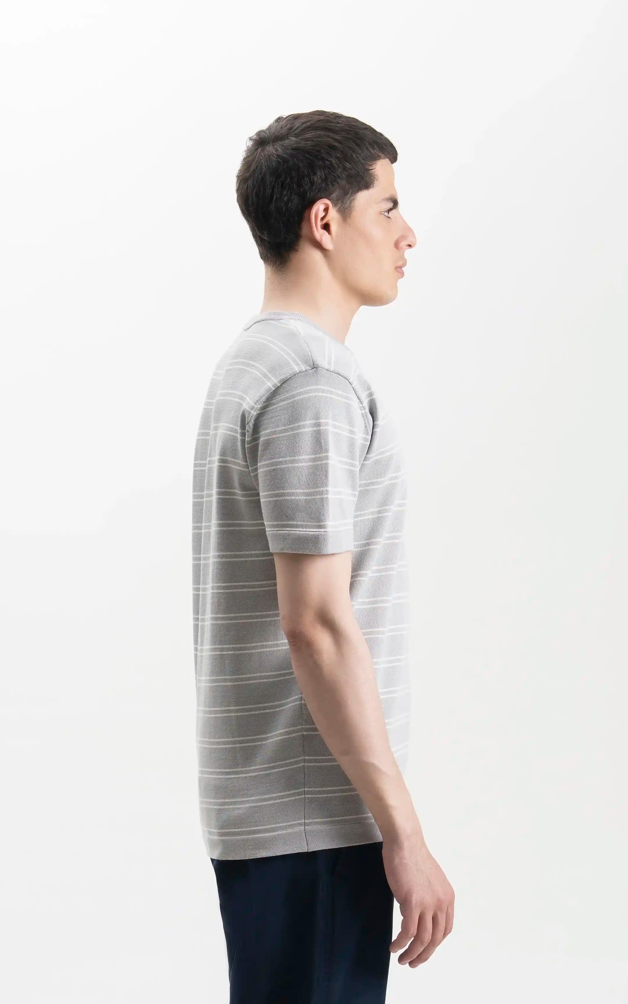 CREW NECK SWEATER KNIT HORIZONTAL STRIPED T-SHIRT LIGHT GREY