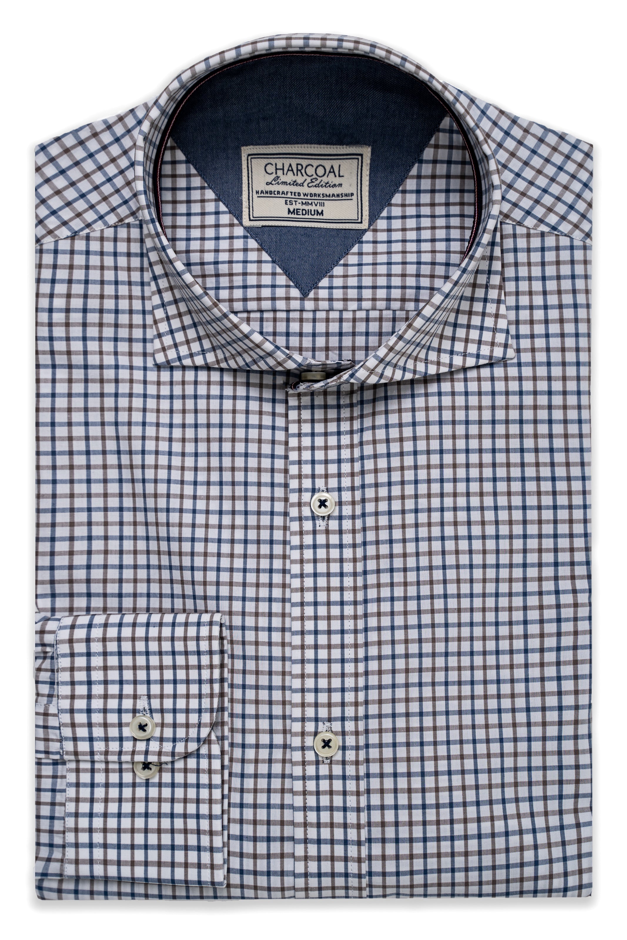 Checked button-up shirt in blue and white, with spread collar and chest pocket