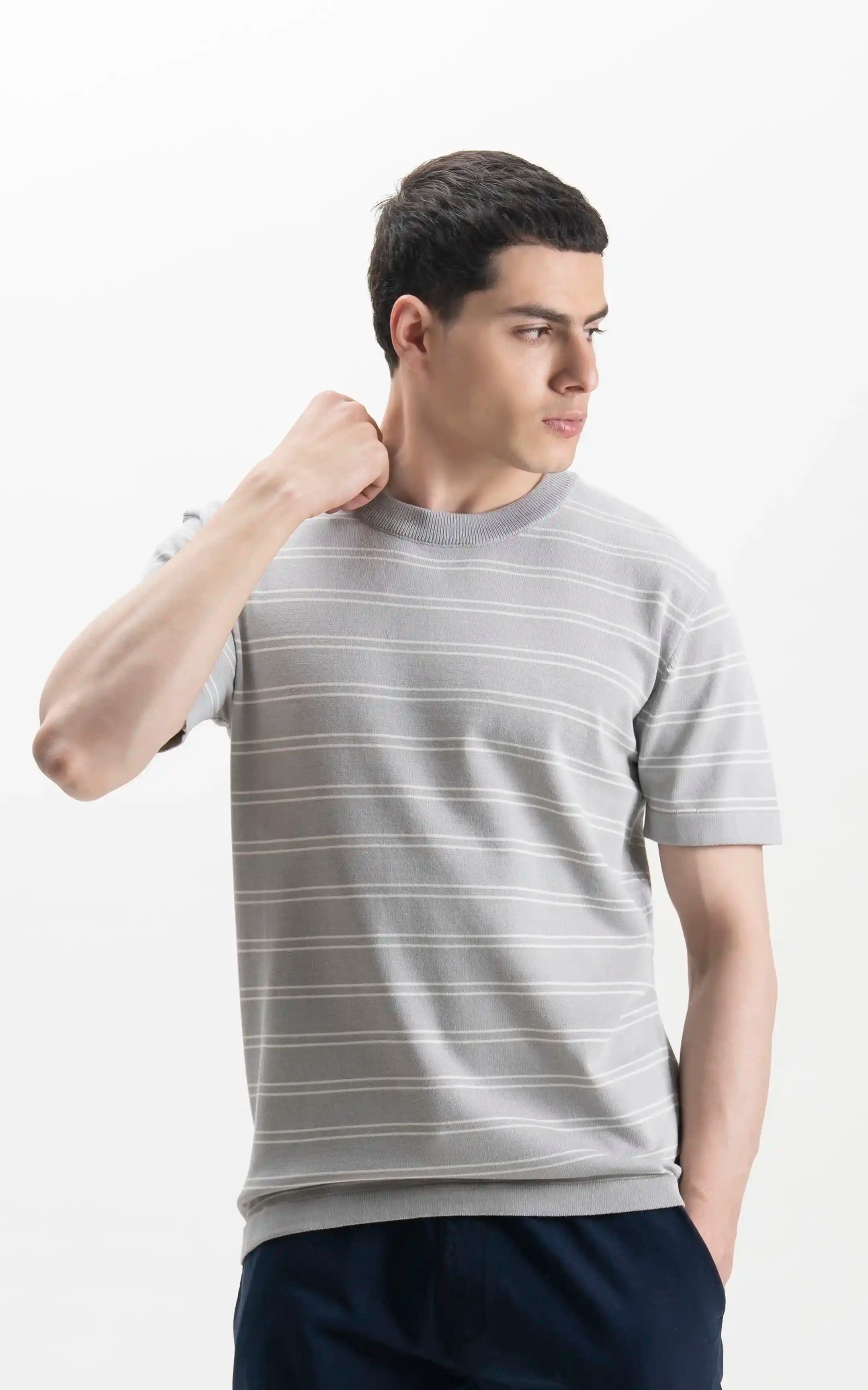 CREW NECK SWEATER KNIT HORIZONTAL STRIPED T-SHIRT LIGHT GREY