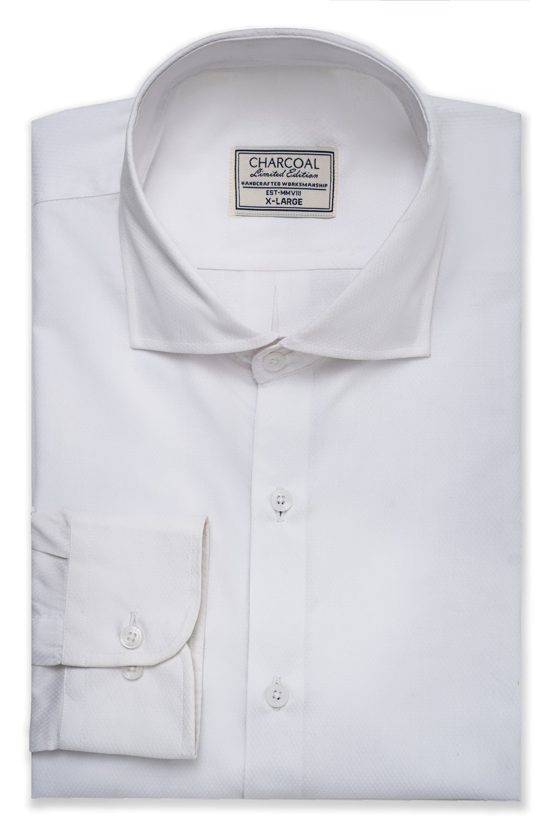 Limited edition white button-up shirt with collar and front buttons, chest logo patch
