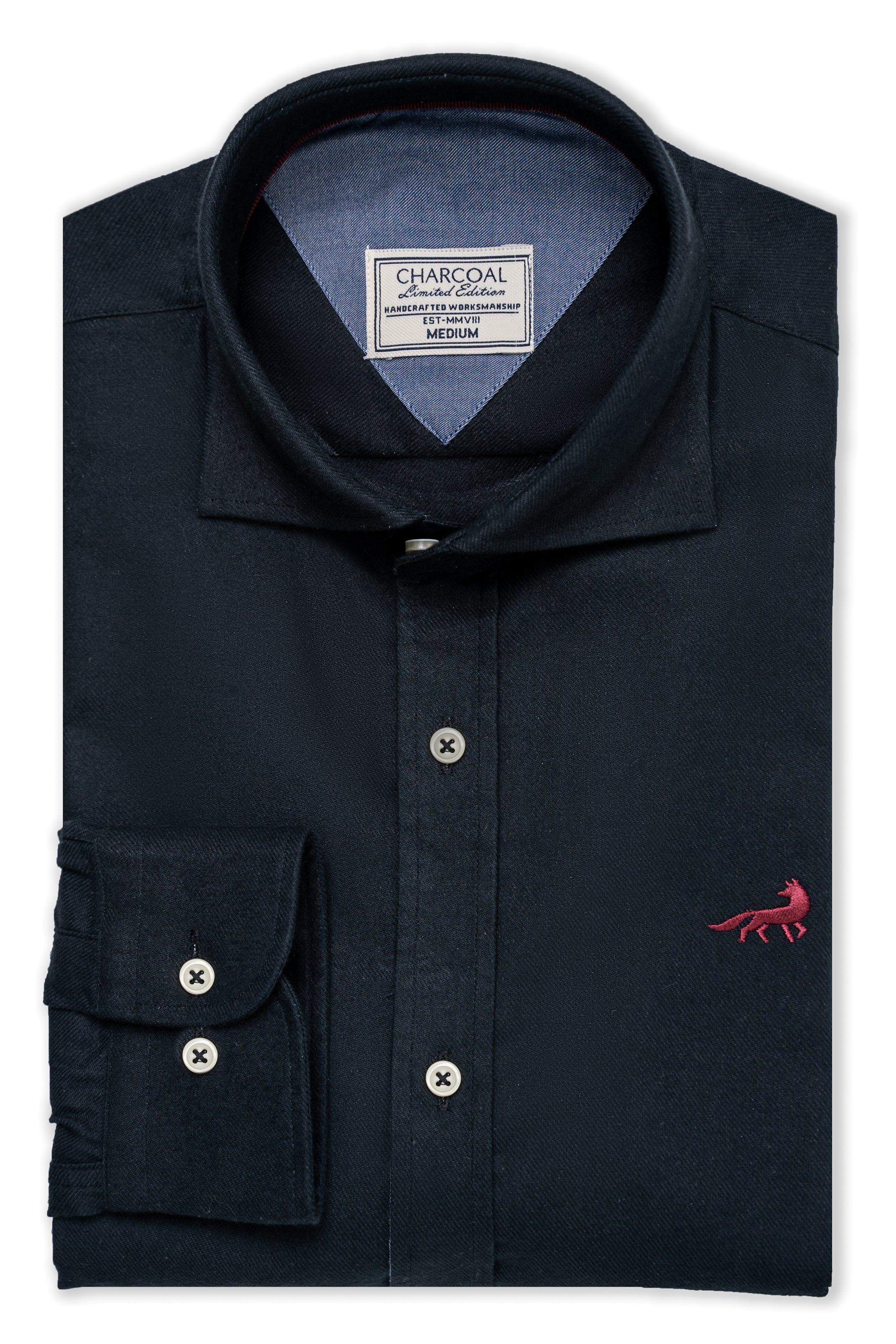 Limited edition shirt in dark black with flap chest pockets and red logo, button front