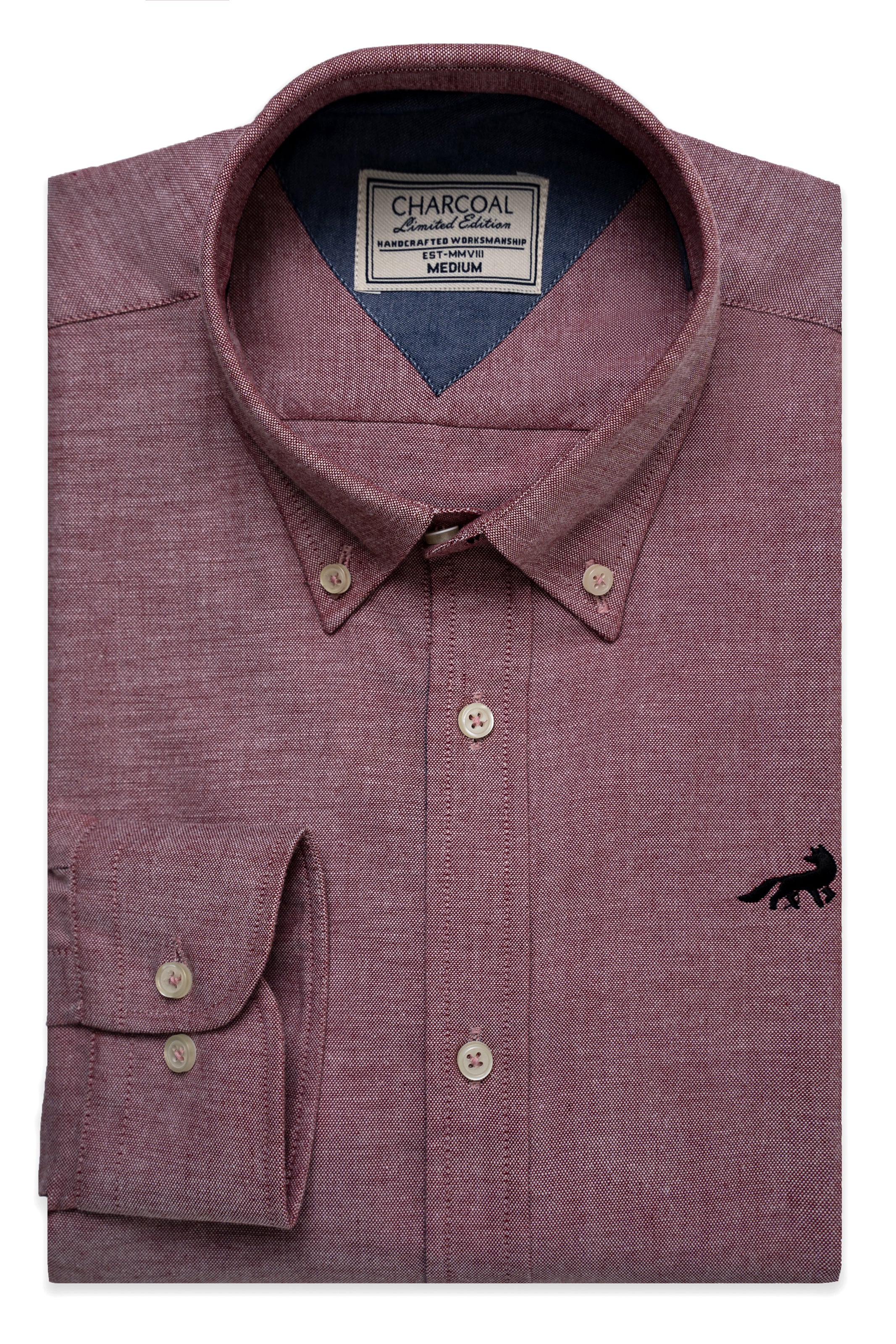 Dark red button-front shirt with button-down collar and chest logo