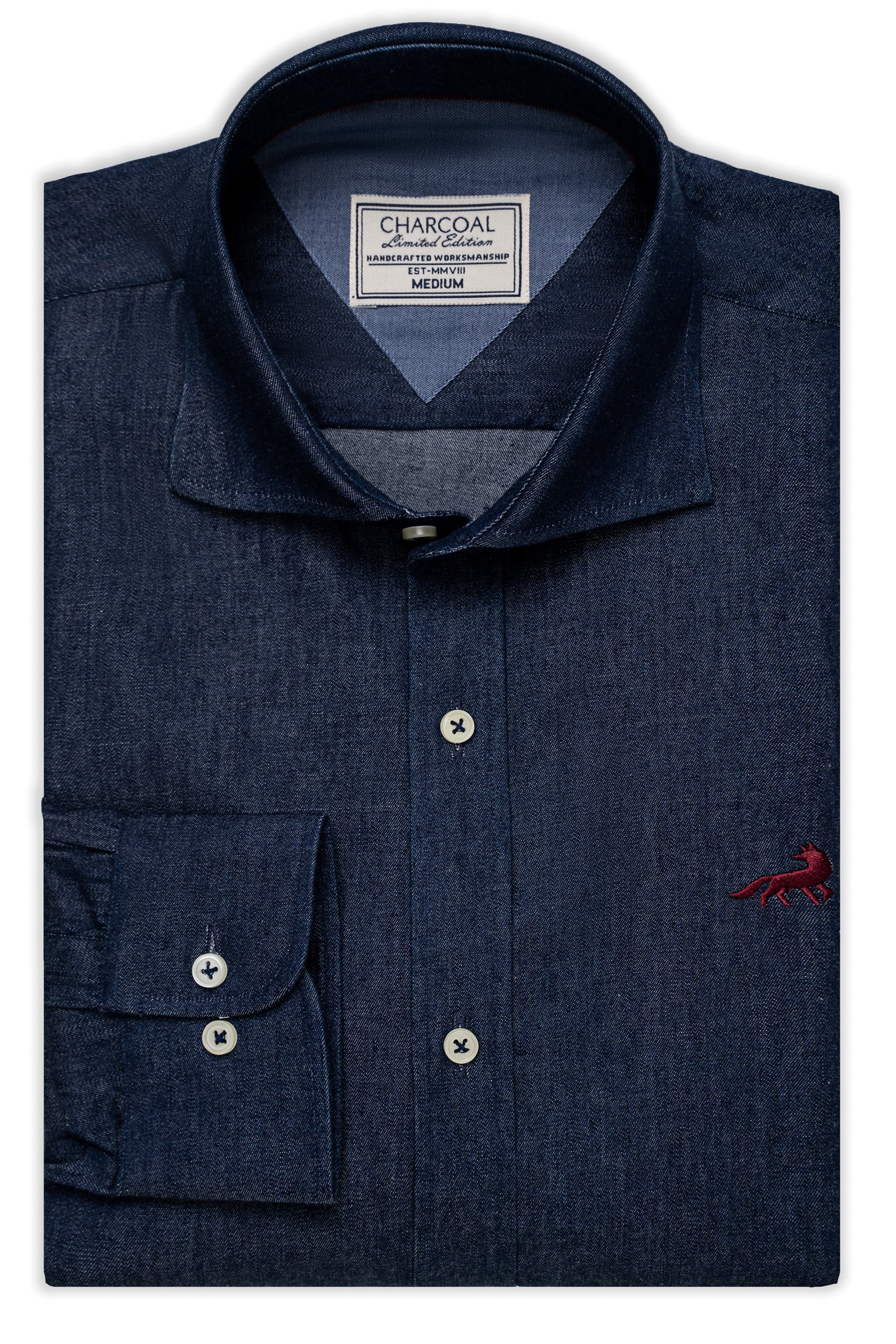 Denim blue button-up shirt with chest pocket, flap, and dark button closure