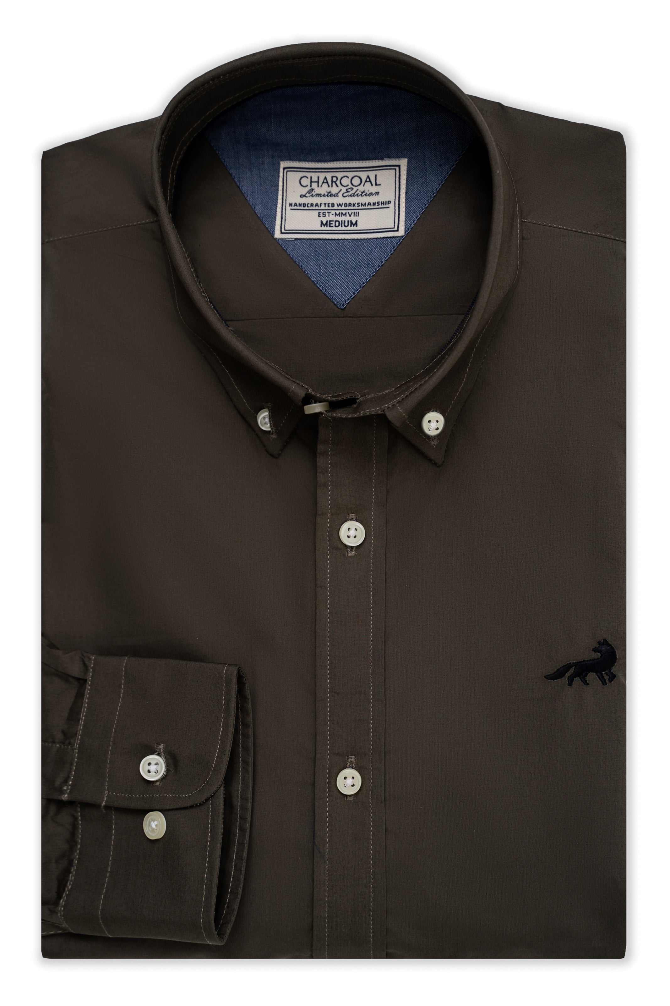 Limited edition dark olive shirt with button placket, collar, and chest pocket