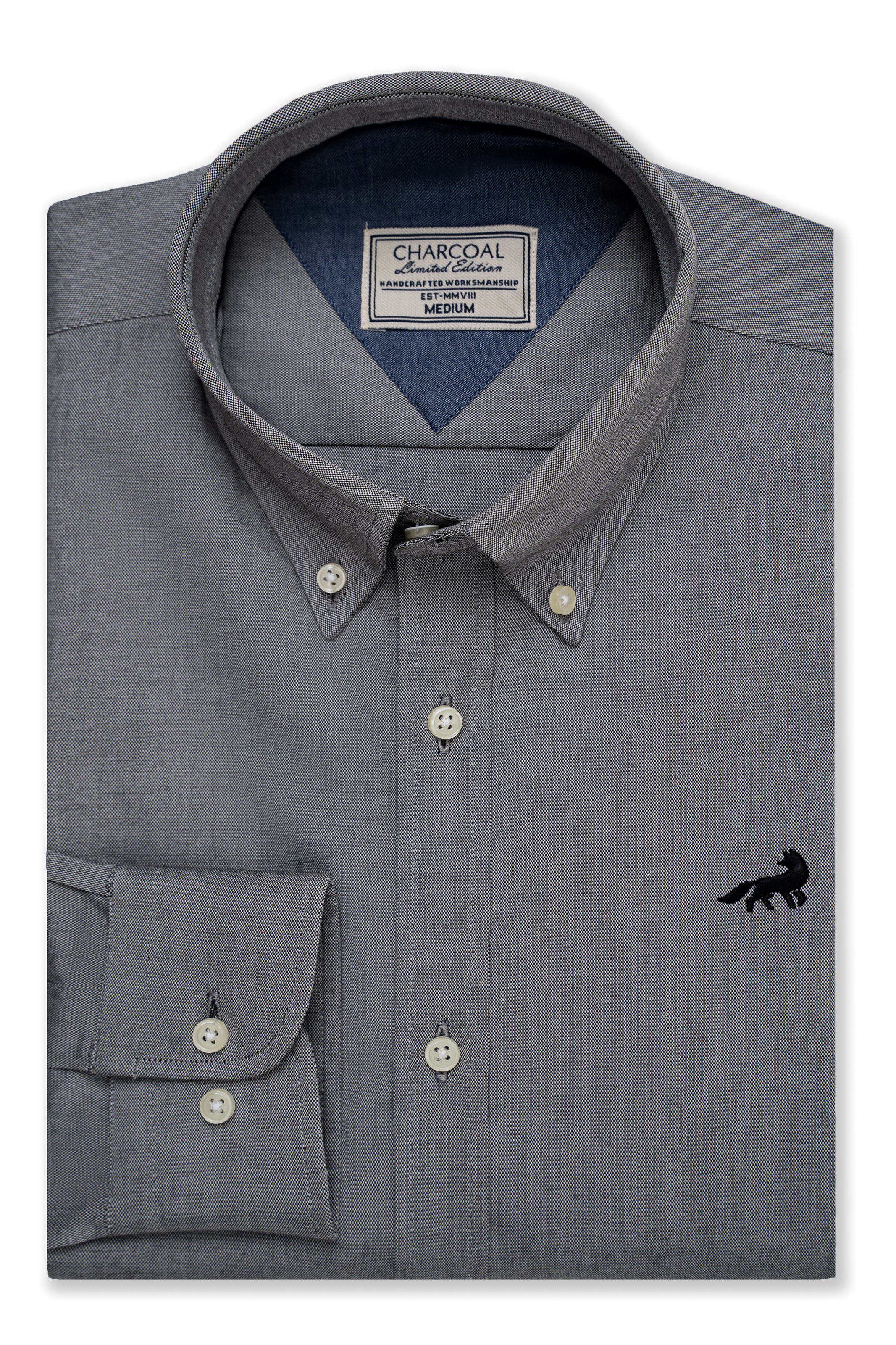 Mid grey button-up shirt with pointed collar, chest pocket, and small chest logo