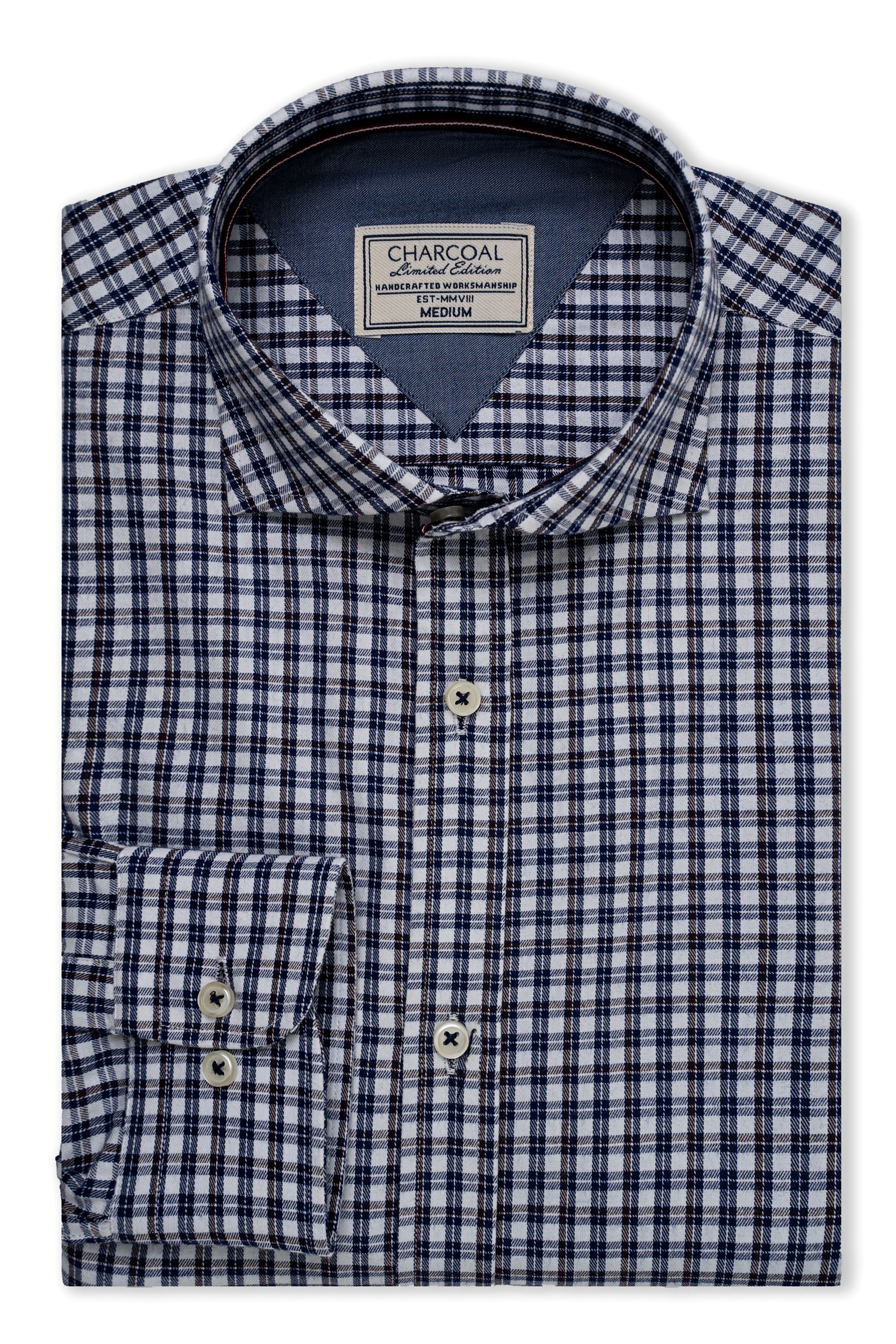 Blue and white check dress shirt with buttoned collar and chest pocket