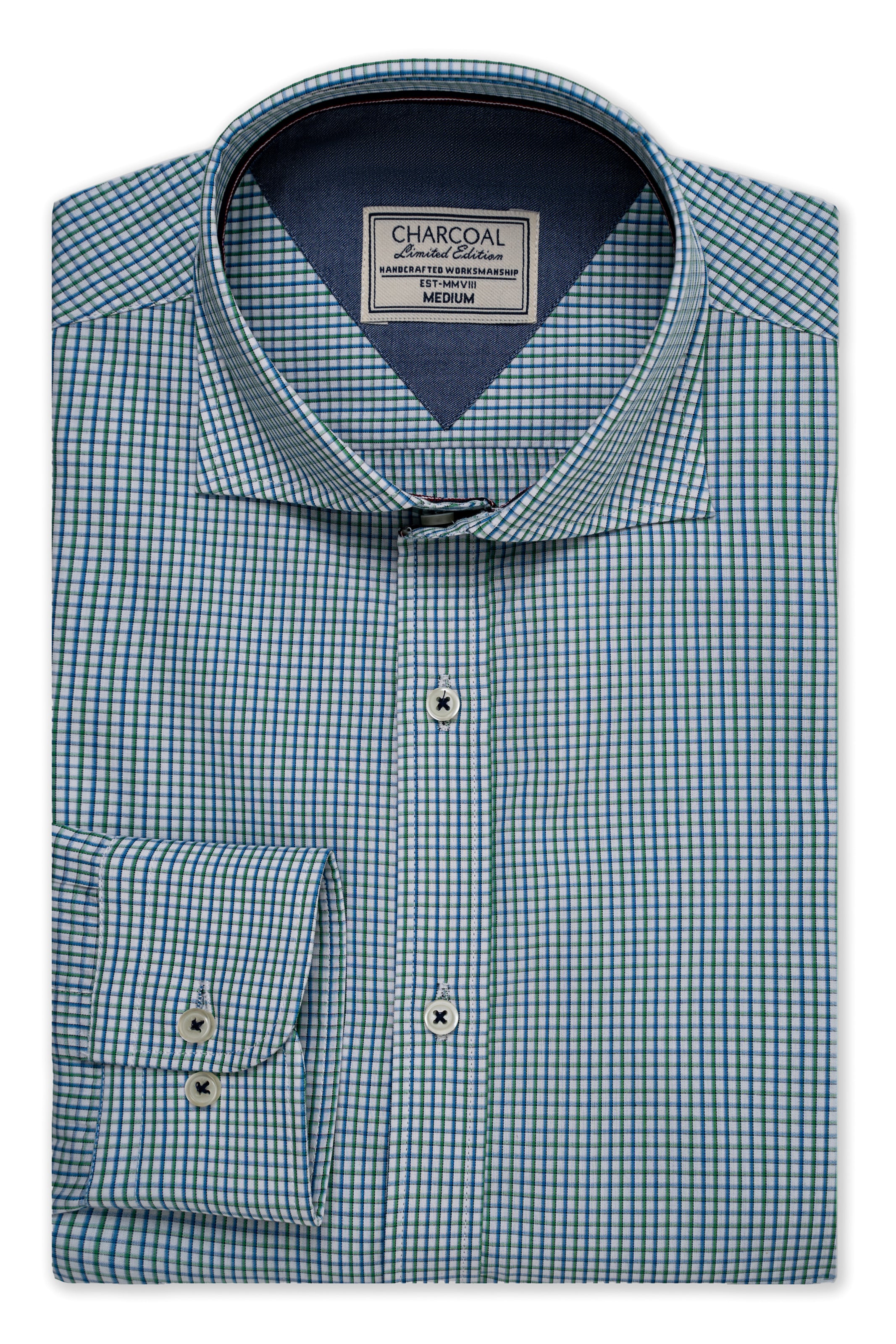 Limited edition blue-green check button-up shirt with spread collar